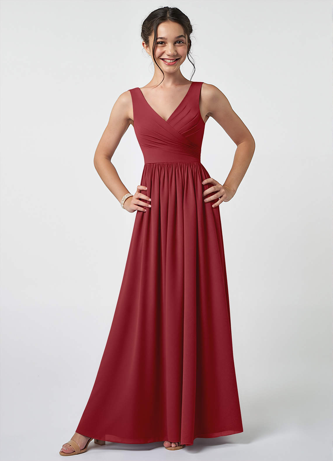 Azazie Keyla Junior A-Linie Plissee Chiffon Kleid Granatapfelrot image1