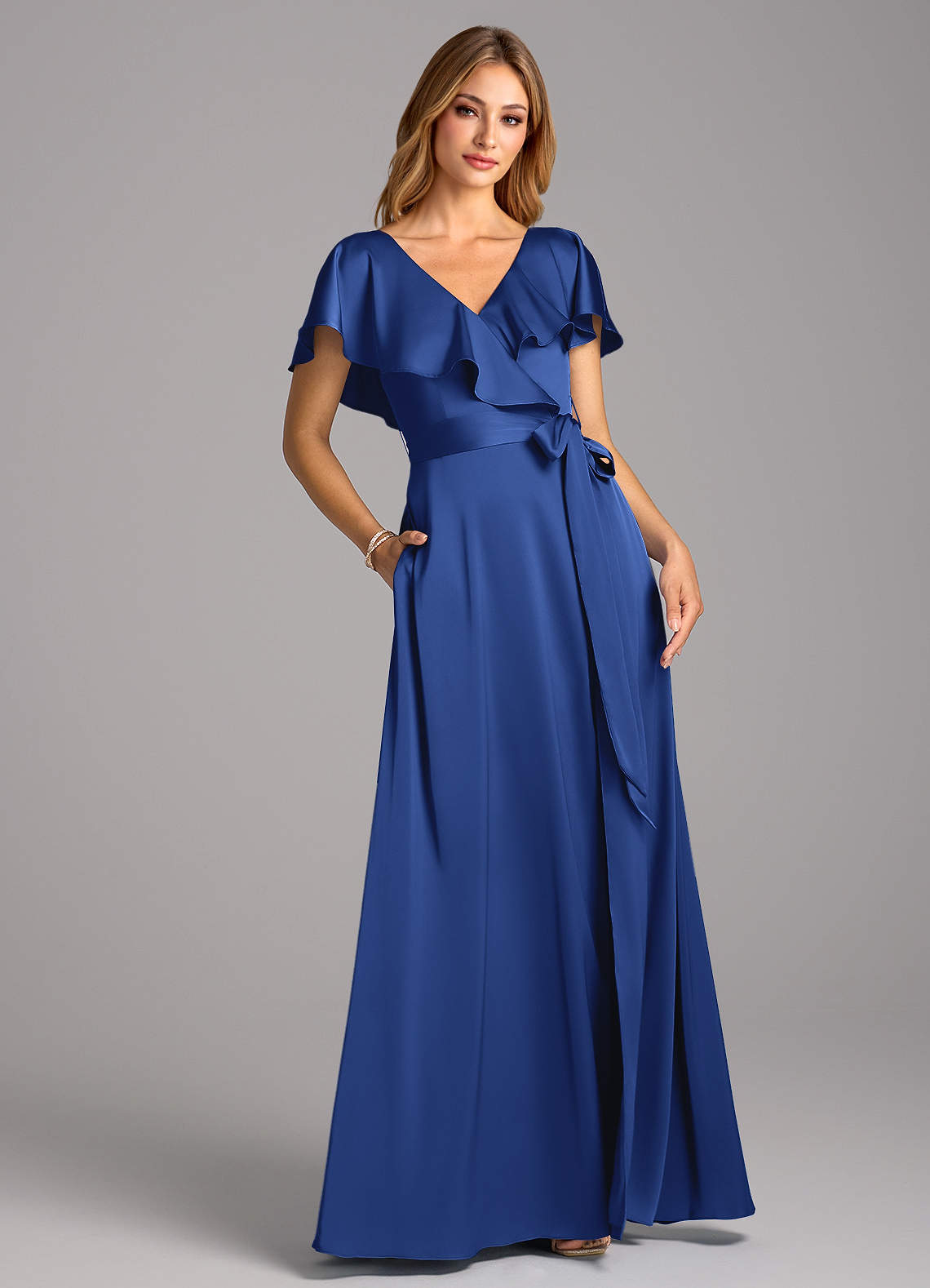 Azazie Lainey Vestidos de damas de honor Vestido de Azul Real de Satén Elástico de Corte en A con Con bolsillos image1