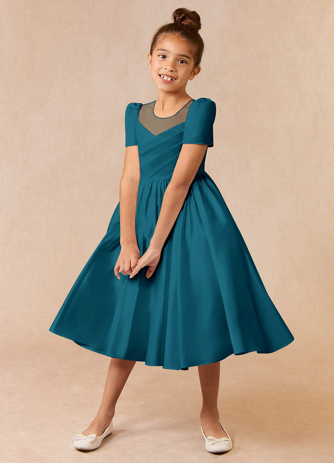 Azazie Anirra Flower Girl Dresses Ink Blue Ball-Gown Pleated Matte Satin Dress image1