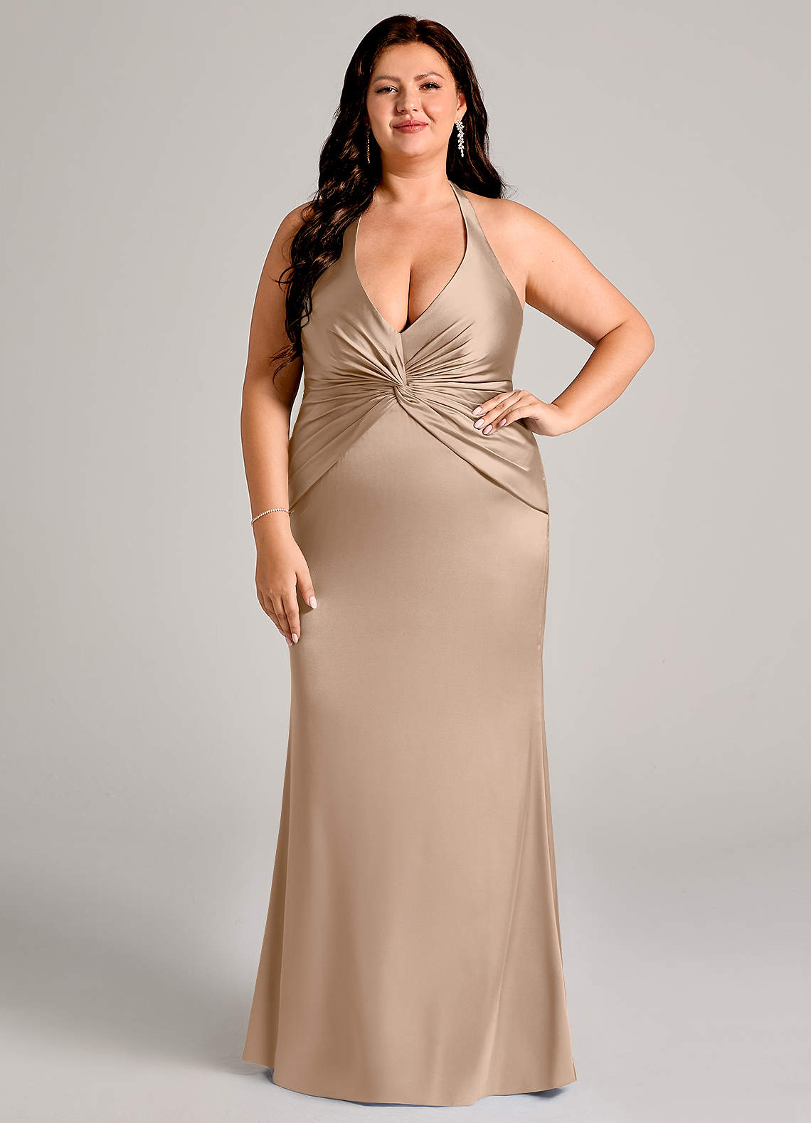 Azazie Valerie Bridesmaid Dresses Taupe Mermaid Pleated Stretch Satin Dress image1