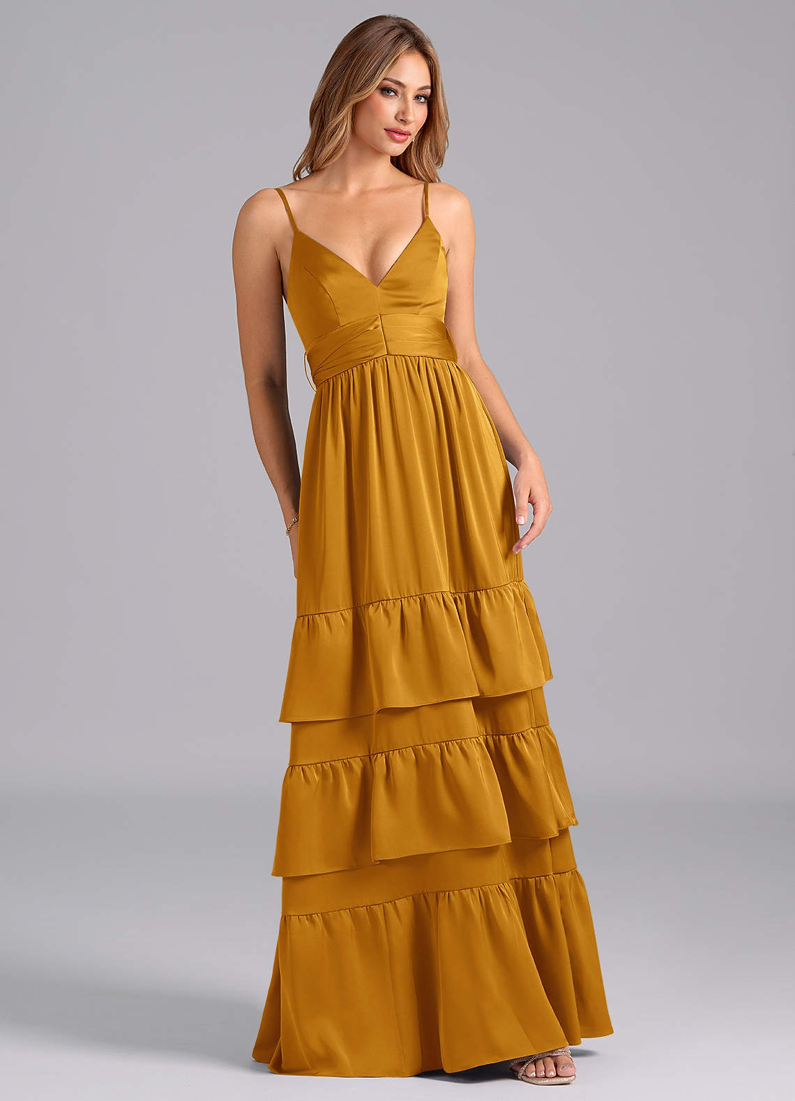 Azazie Nathalia Bridesmaid Dresses Butterscotch A-Line Pleated Stretch Satin Dress image1