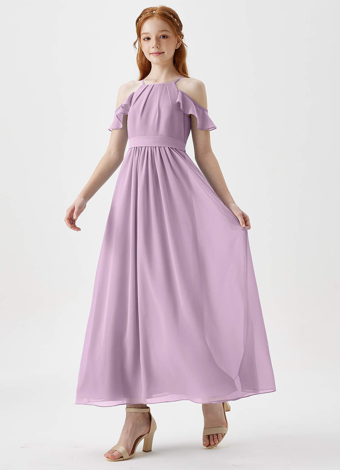 Azazie Chaya Junior Wisteria A-Line Off the Shoulder Chiffon Dress image4