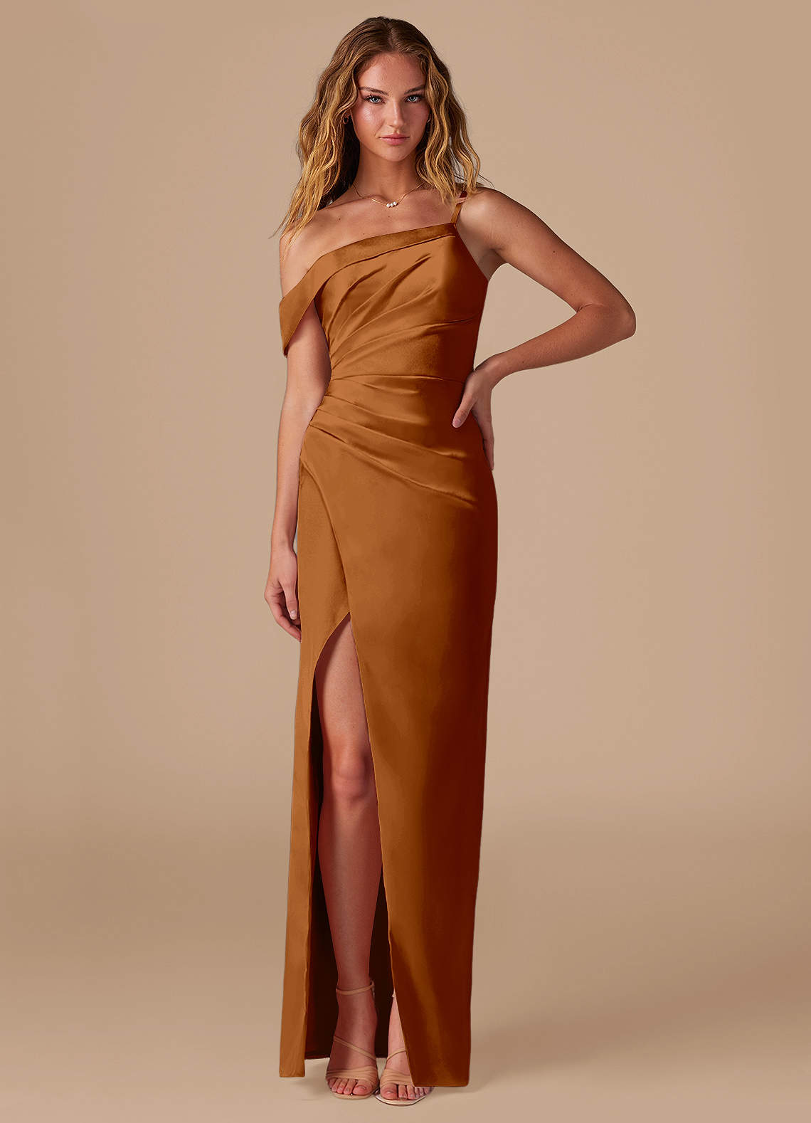 Azazie Lia Bridesmaid Dresses Copper Sheath Off the Shoulder Metallic Satin Dress image1