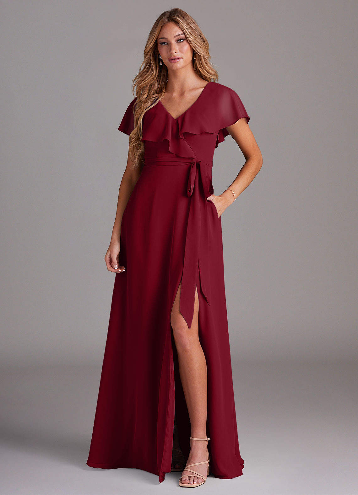 Azazie Lainey Bridesmaid Dresses Burgundy A-Line with Pockets Chiffon Dress image1