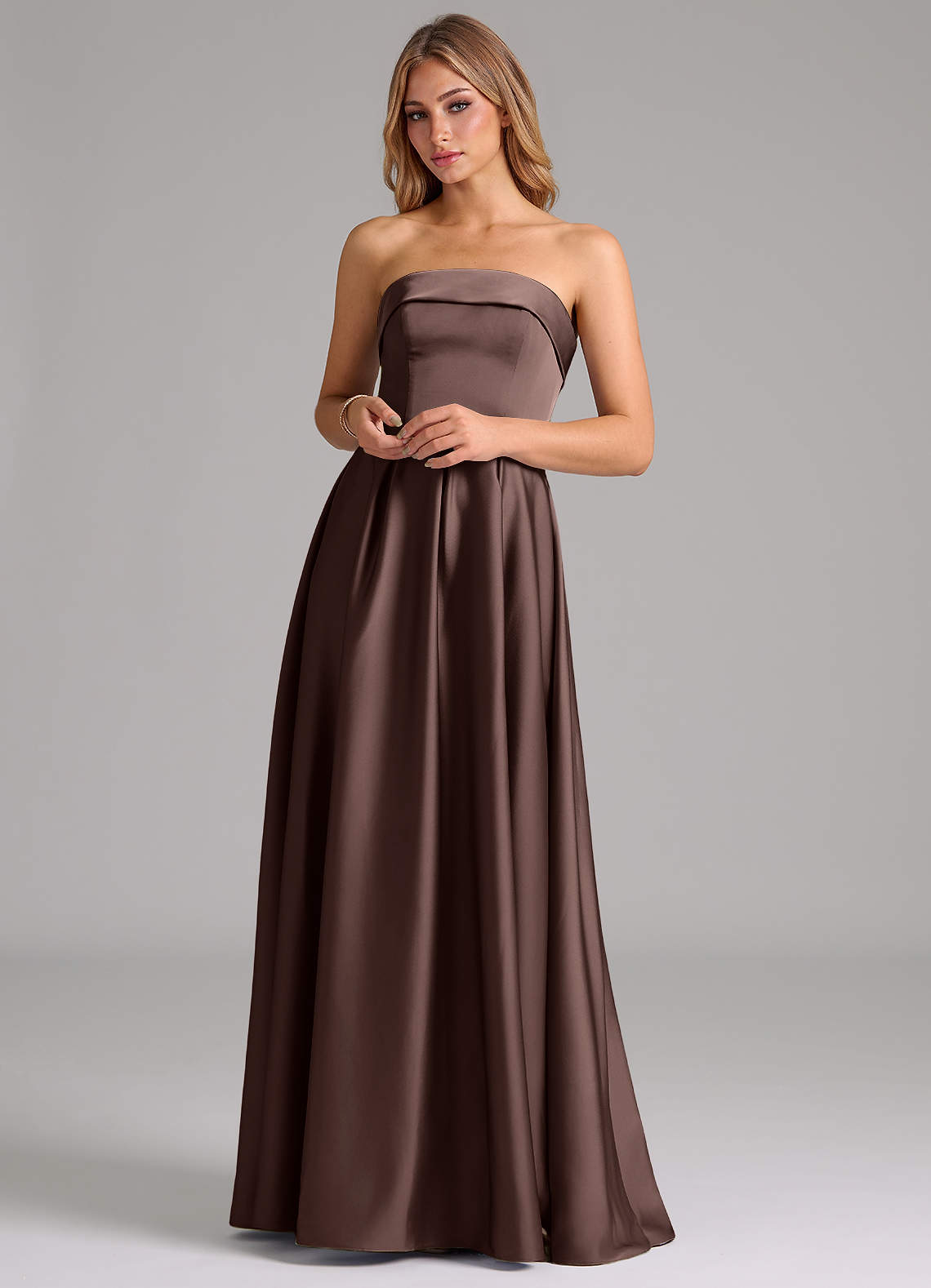Azazie Lucienne At-home Try On Dresses Black A-Line Strapless Stretch Satin Convertible Dress image3