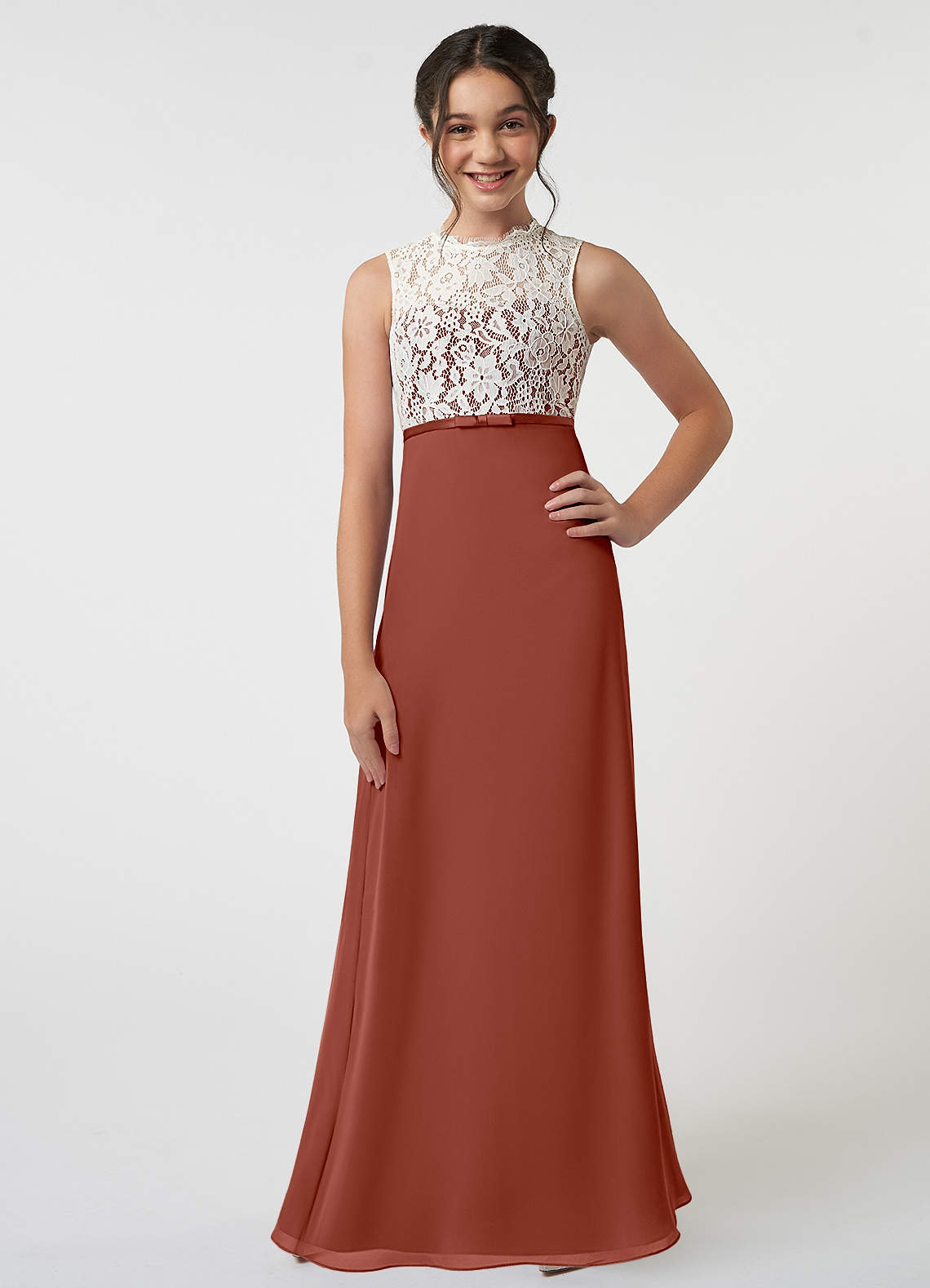 Azazie Rana Junior Auburn A-Line Lace Chiffon Dress image1