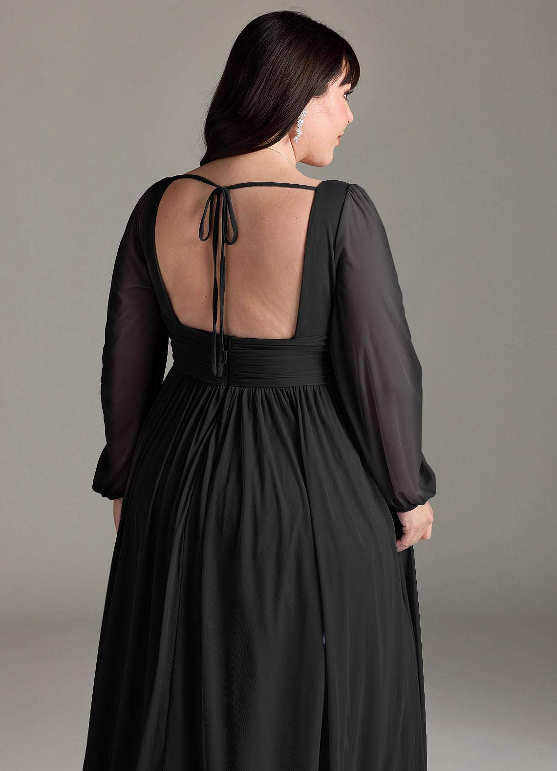 Azazie Norah At-home Try On Dresses Black A-Line V-Neck Long Sleeve Chiffon Dress image12