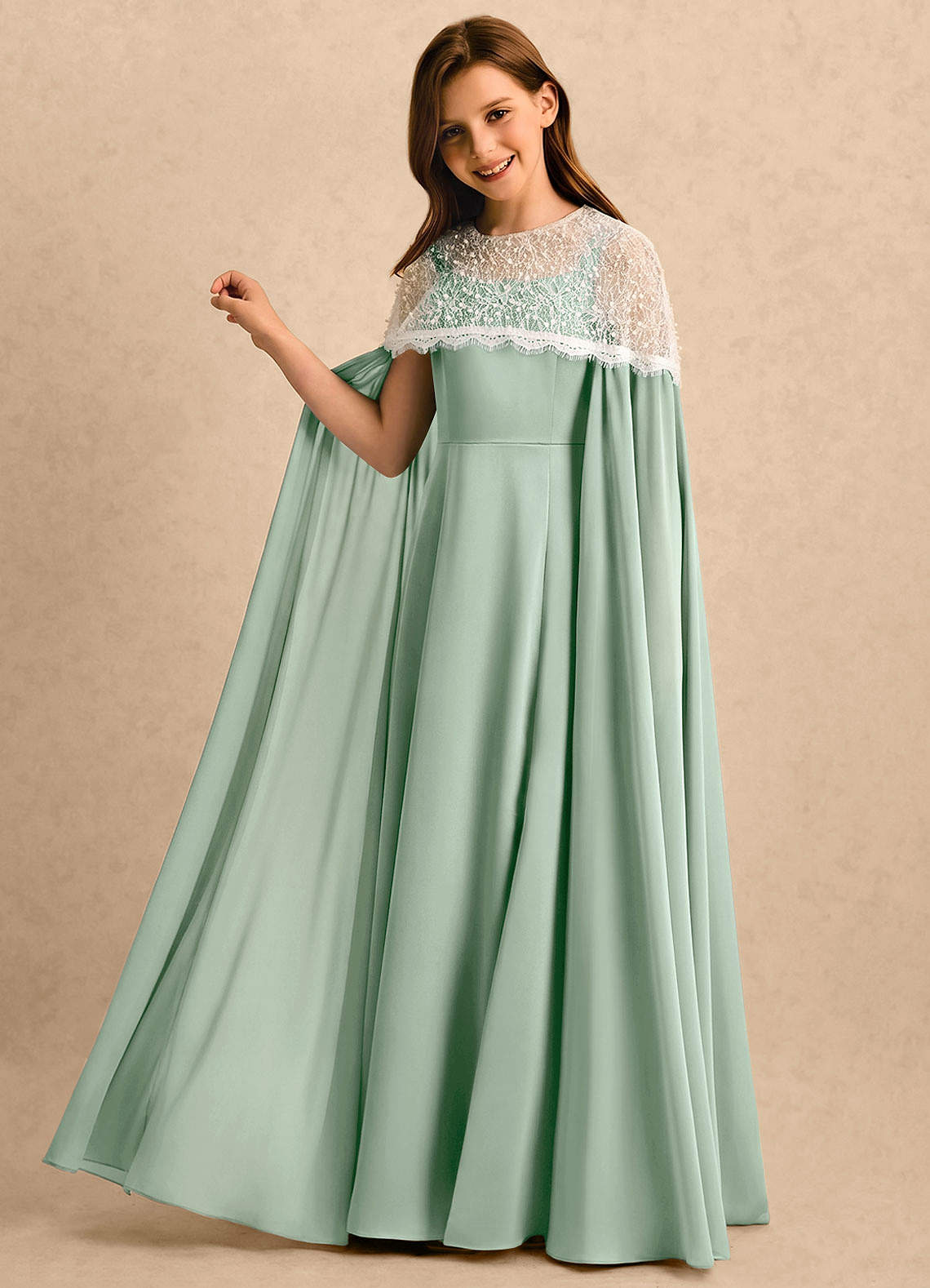 Azazie A-Line/Princess Illusion Floor-Length Chiffon Girl Formal Dresses - Agave