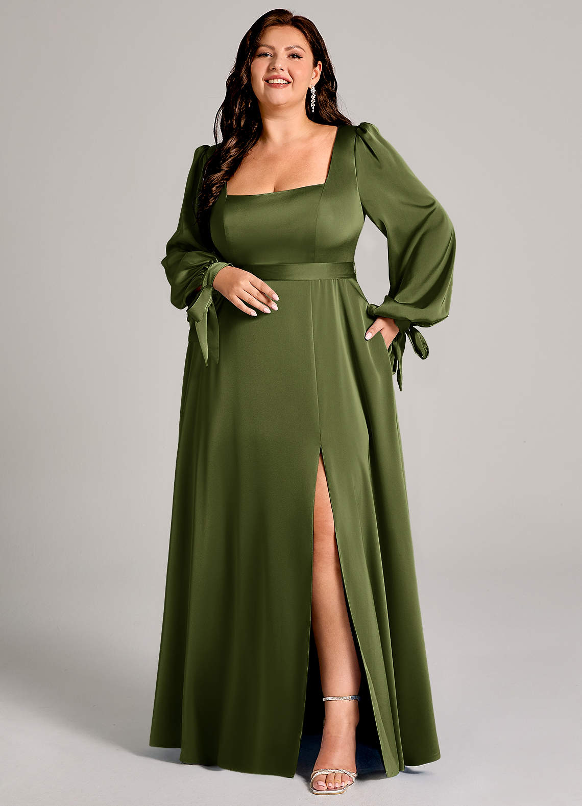 Azazie Leonia Bridesmaid Dresses Olive A-Line Long Sleeve Stretch Satin Dress image1