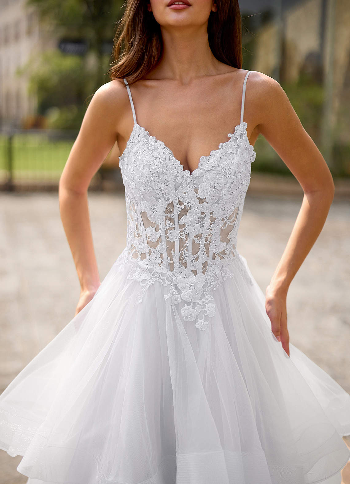 white lace floral prom dress Blue & White Floral Prom Dress with Lace Sweetheart Neckline & High Slit –  RF067 – Viniodress