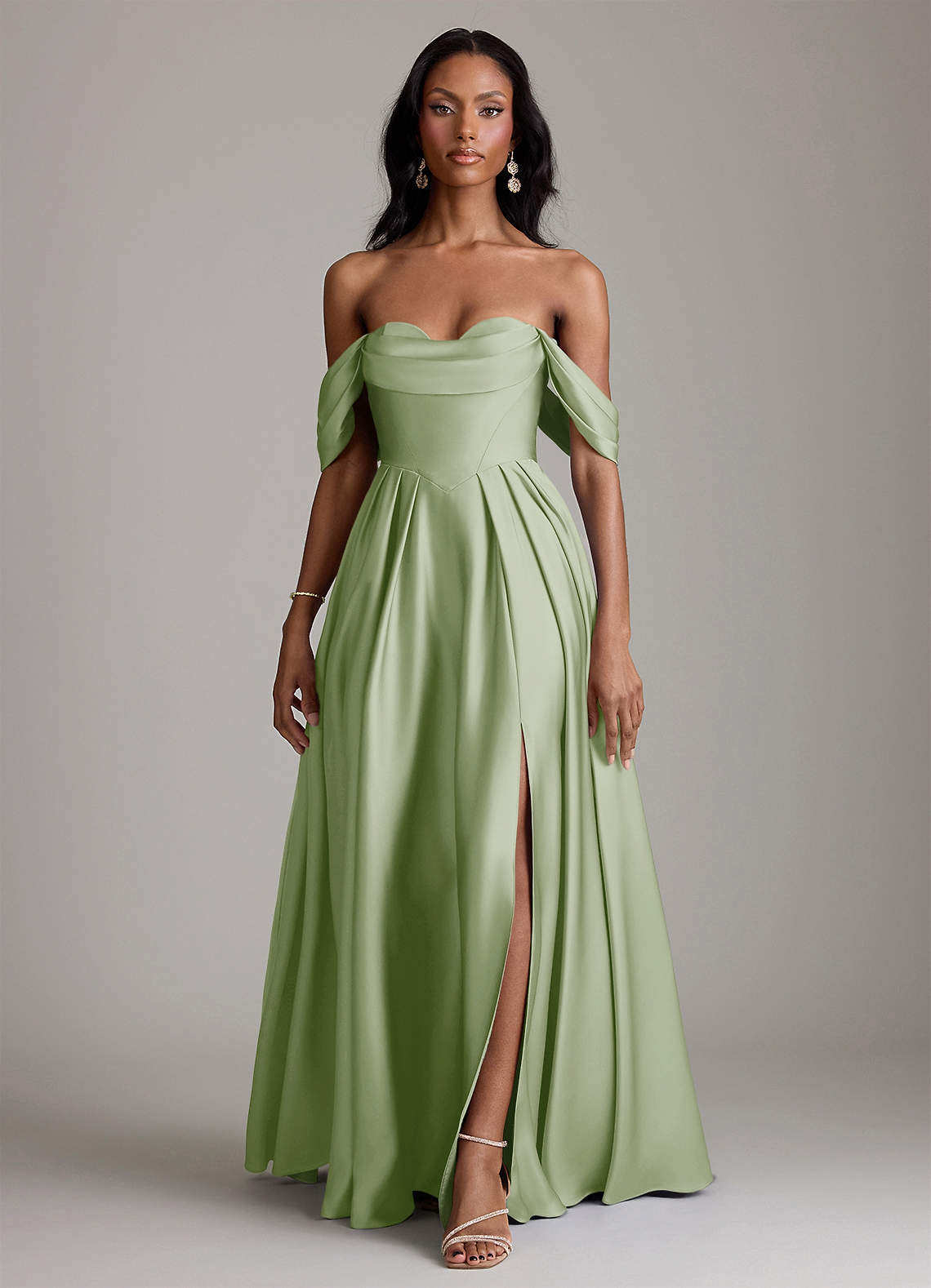 Azazie Loisa Suknie dla druhen Linia A Zza ramienia Satyna elastyczna Do ziemi Sukienka image6