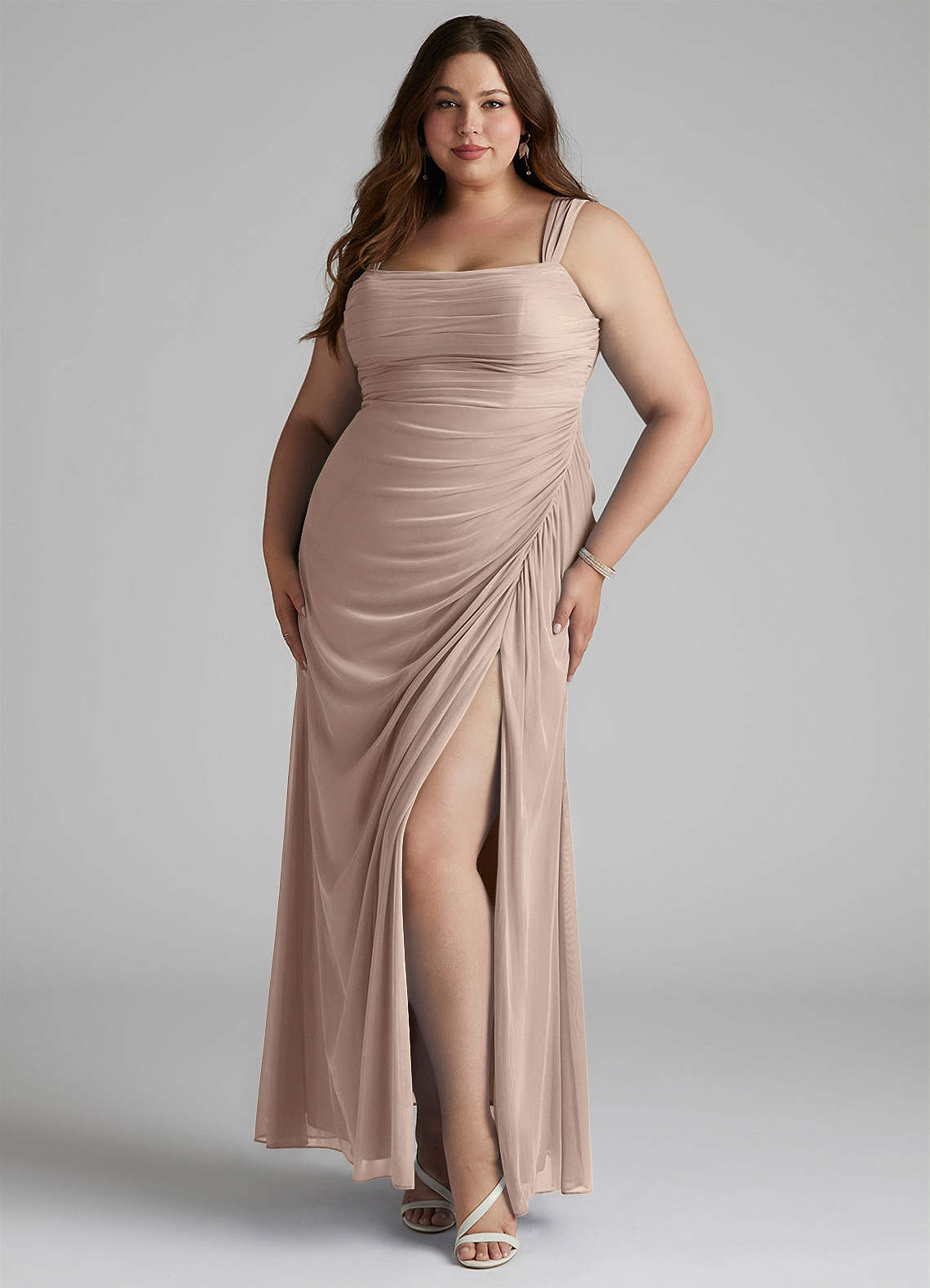 Azazie Jesaphine Bridesmaid Dresses Taupe Sheath Ruched Mesh Dress image1