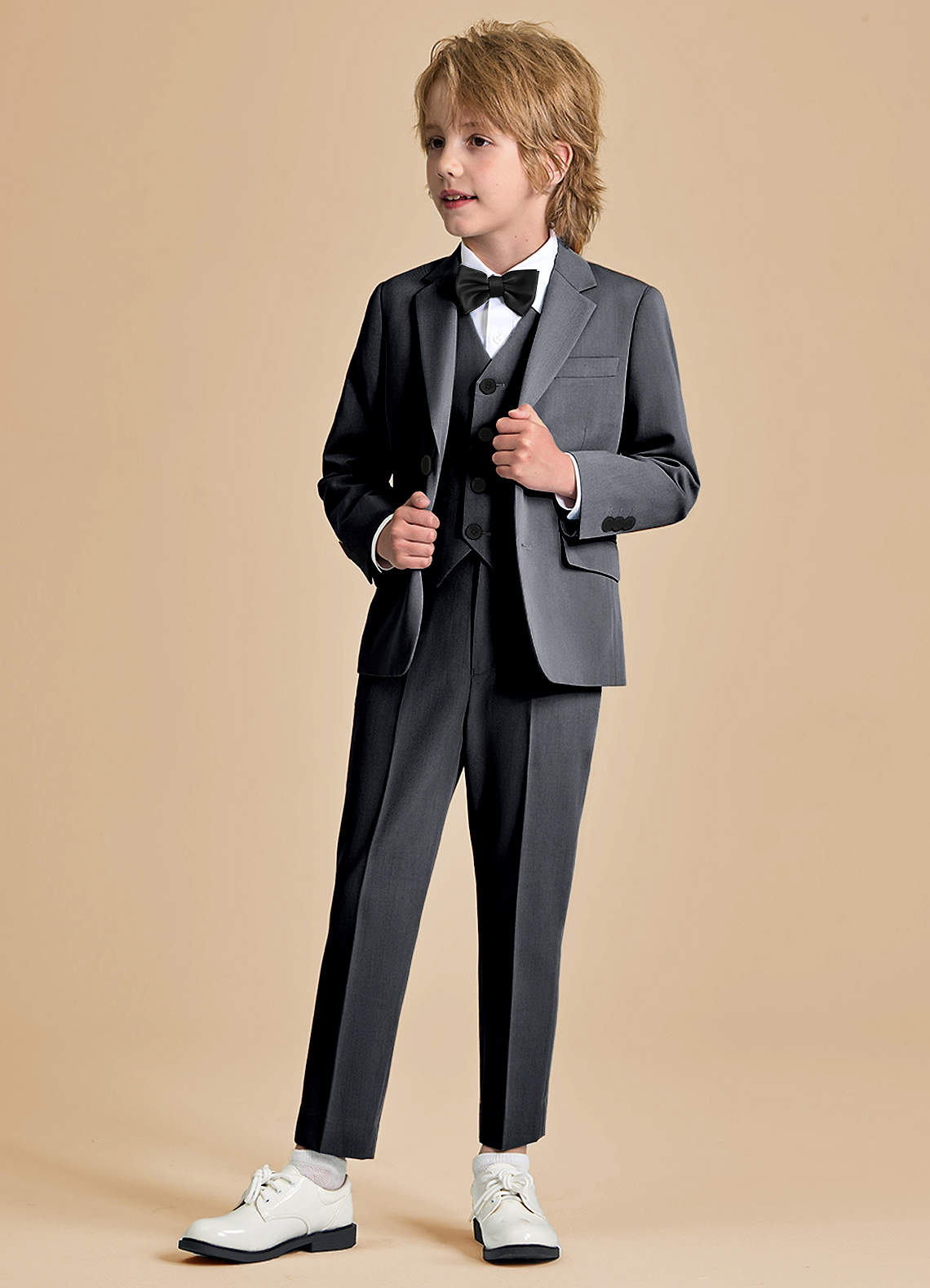 front Oliver Boys Charcoal 5-Piece Suit With Bow Tie