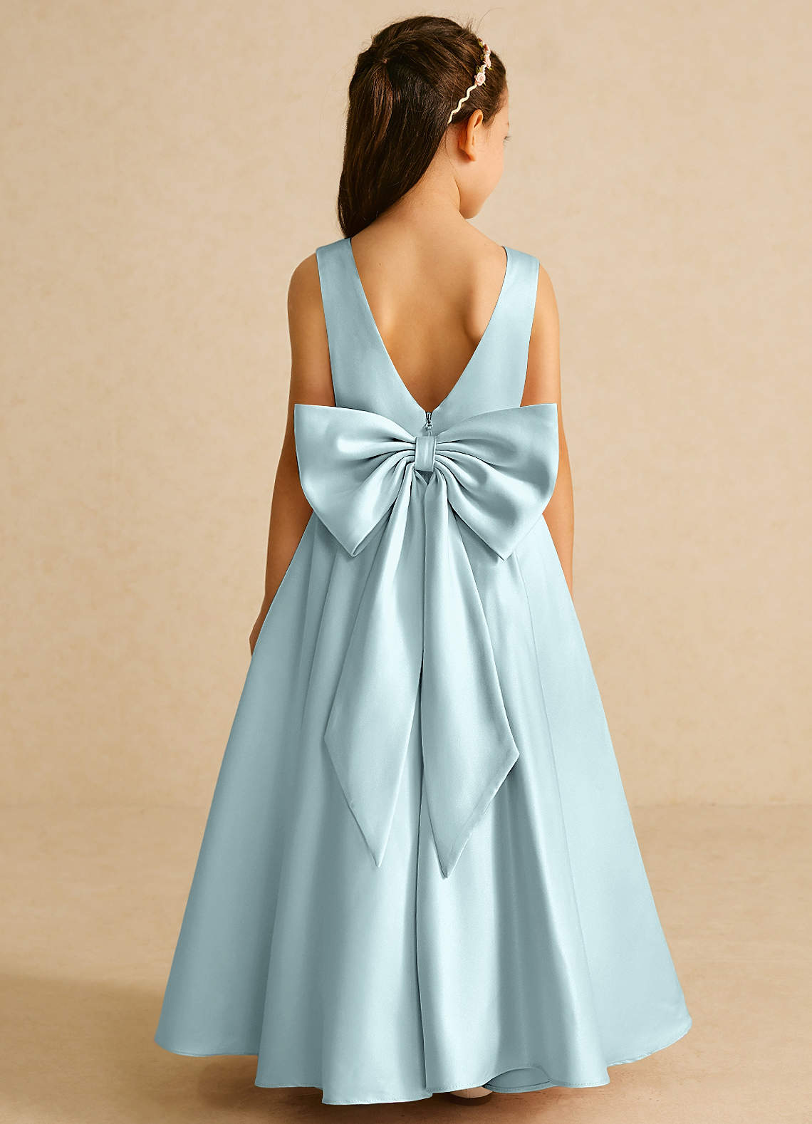 Azazie Pipsy Flower Girl Dresses Mist A-Line Bow Matte Satin Dress image1