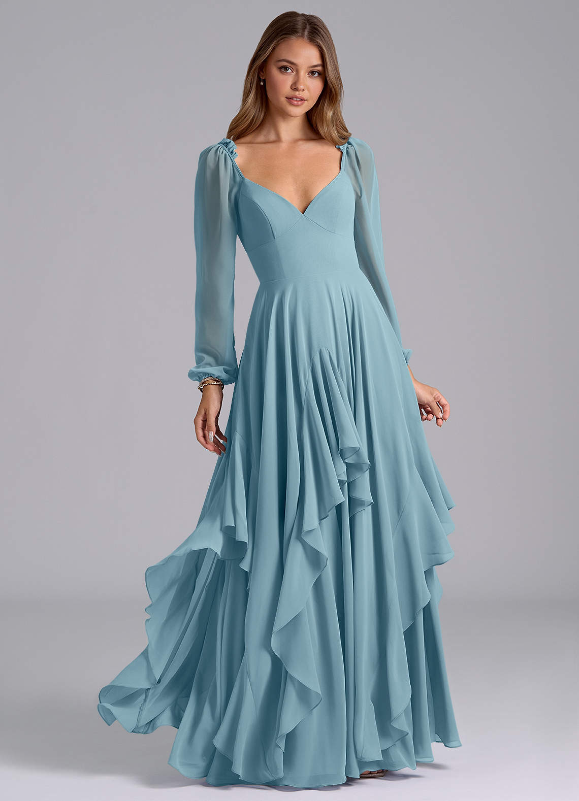 Azazie Karan Abiti da Damigella Abito A-Line in Chiffon Manica Lunga Blu Lunatico image1