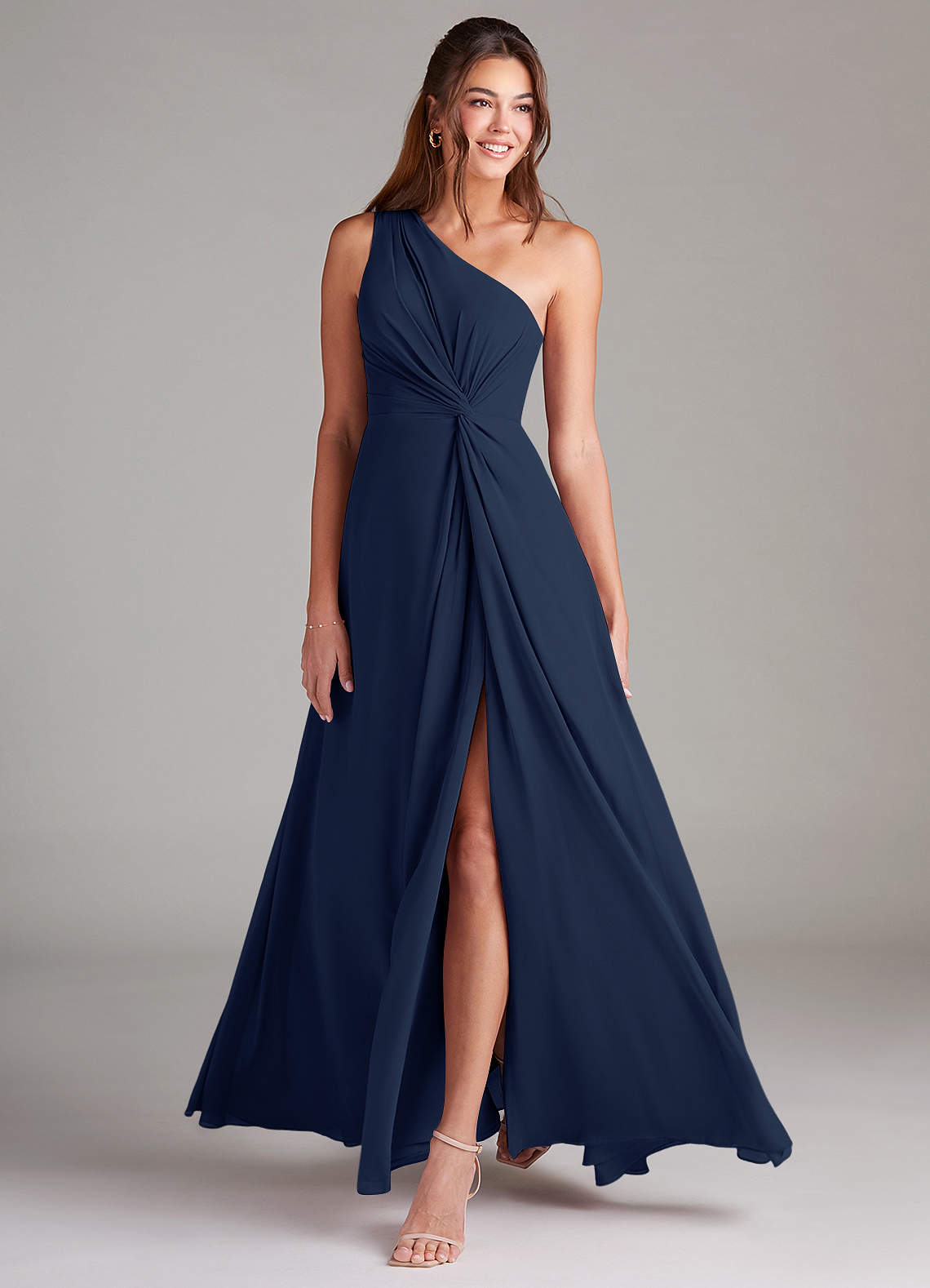 Azazie Brooke Bridesmaid Dresses Dark Navy A-Line One Shoulder Chiffon Dress image2