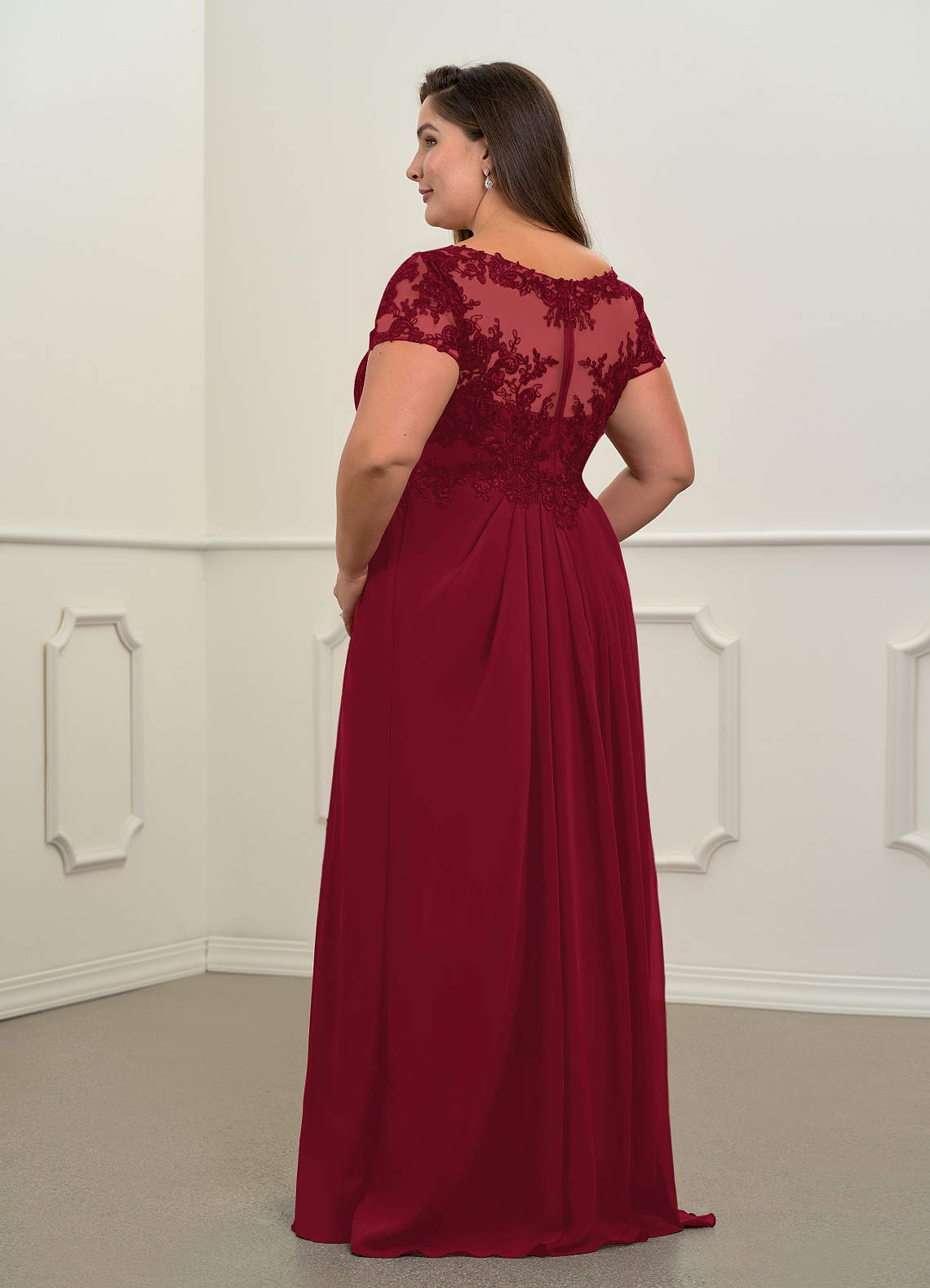 Azazie Dunja Burgundy A-Line V-Neck Lace Chiffon Dress Ready to Ship |  Azazie