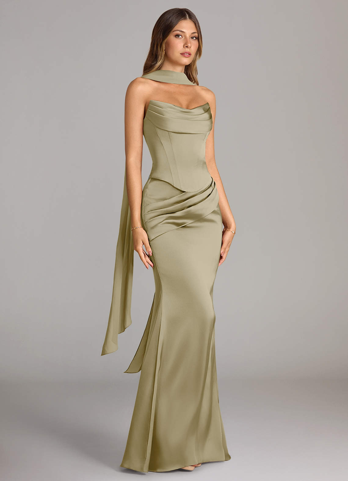 Azazie Sorrel Vestidos de madrinha de casamento Vestido Musgo Verde de Cetim elástico de sereia com Sem alças image2