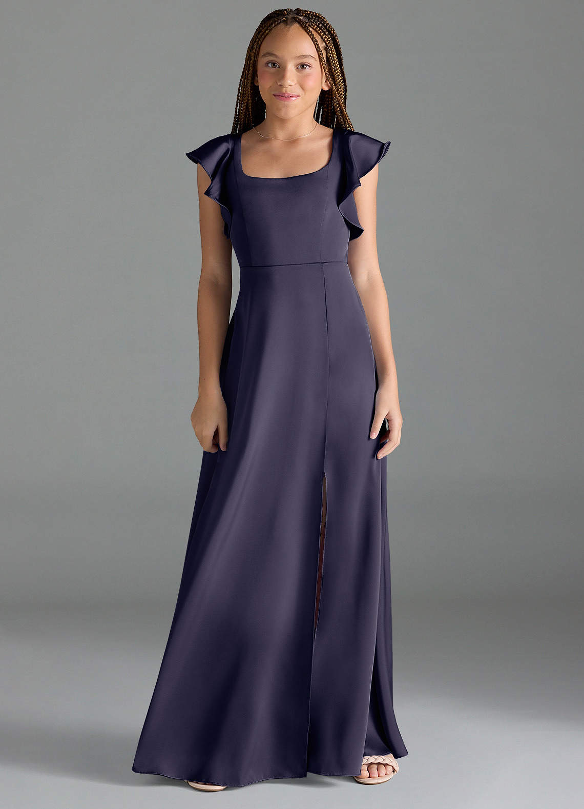 Azazie Bondi Junior A-Linie Seitliche Cut-Outs Stretch-Satin Kleid Sturm image1