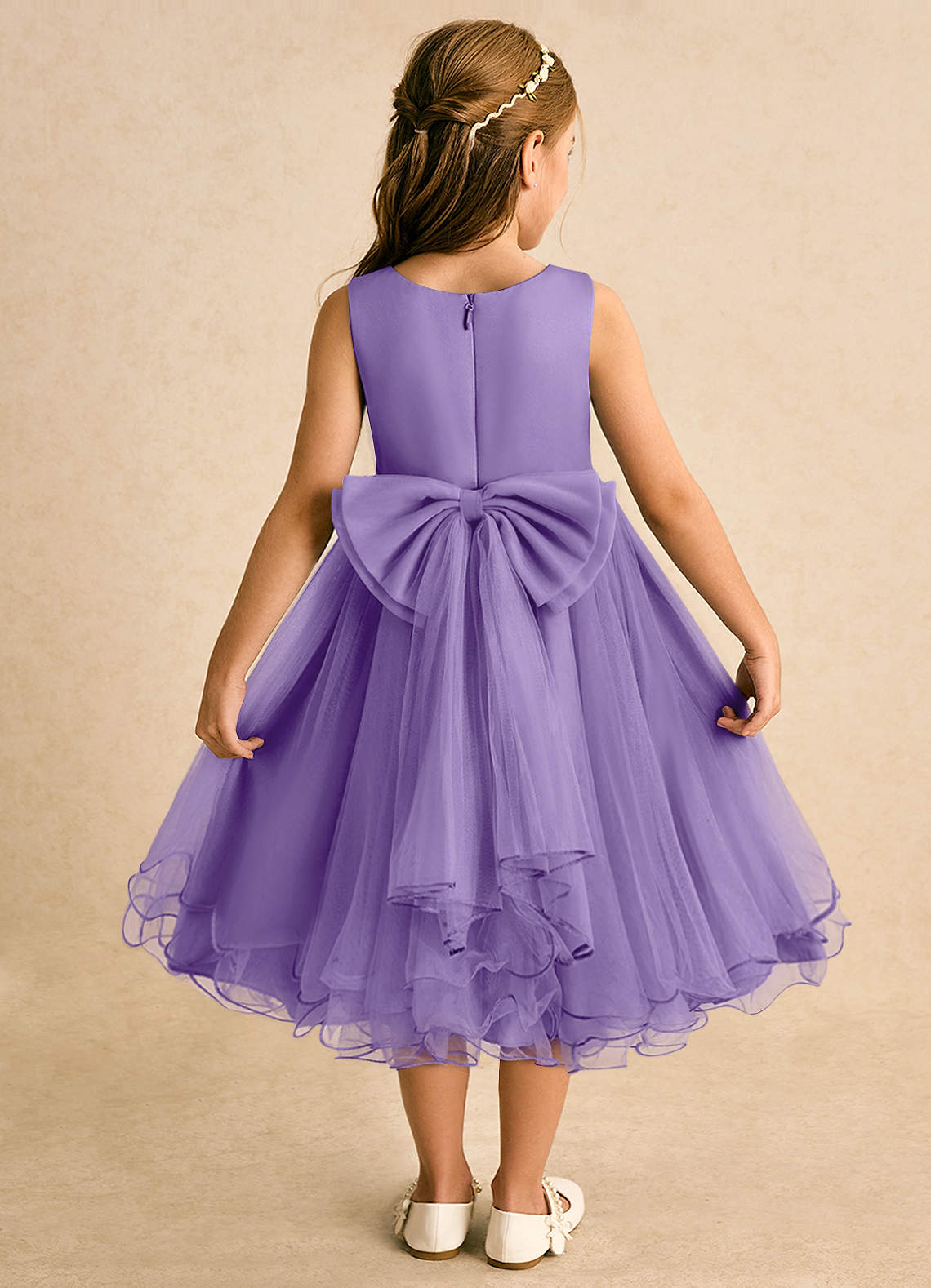 Azazie Lass vestidos de niña de las flores Vestido de Tahití de Tul de Corte En A con Lazo image1