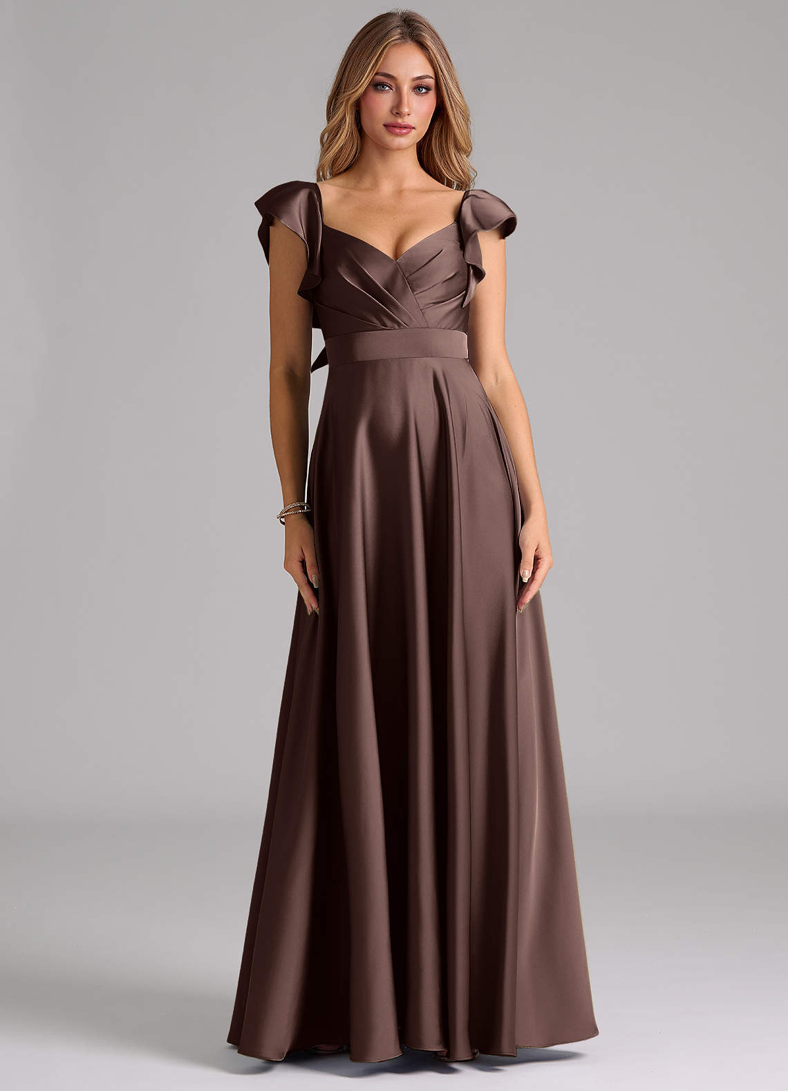 Azazie Leilani Bridesmaid Dresses Ganache A-Line Ruched Stretch Satin Dress image2