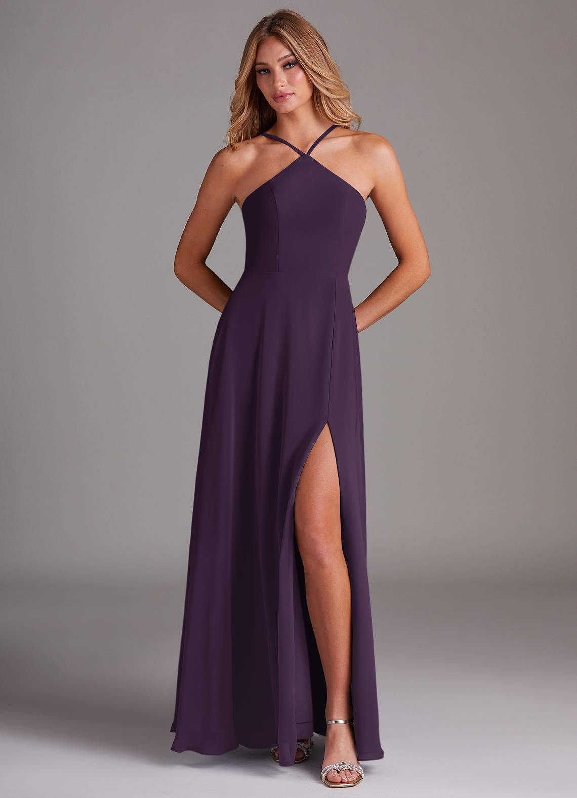purple chiffon high low dress EVERPRETTY Elegant Chiffon V-Neck Ruched Purple Bridesmaid Dress, Soft High- Low Ruched Hem, Suitable For Wedding Ceremony And Formal Evening Occasions