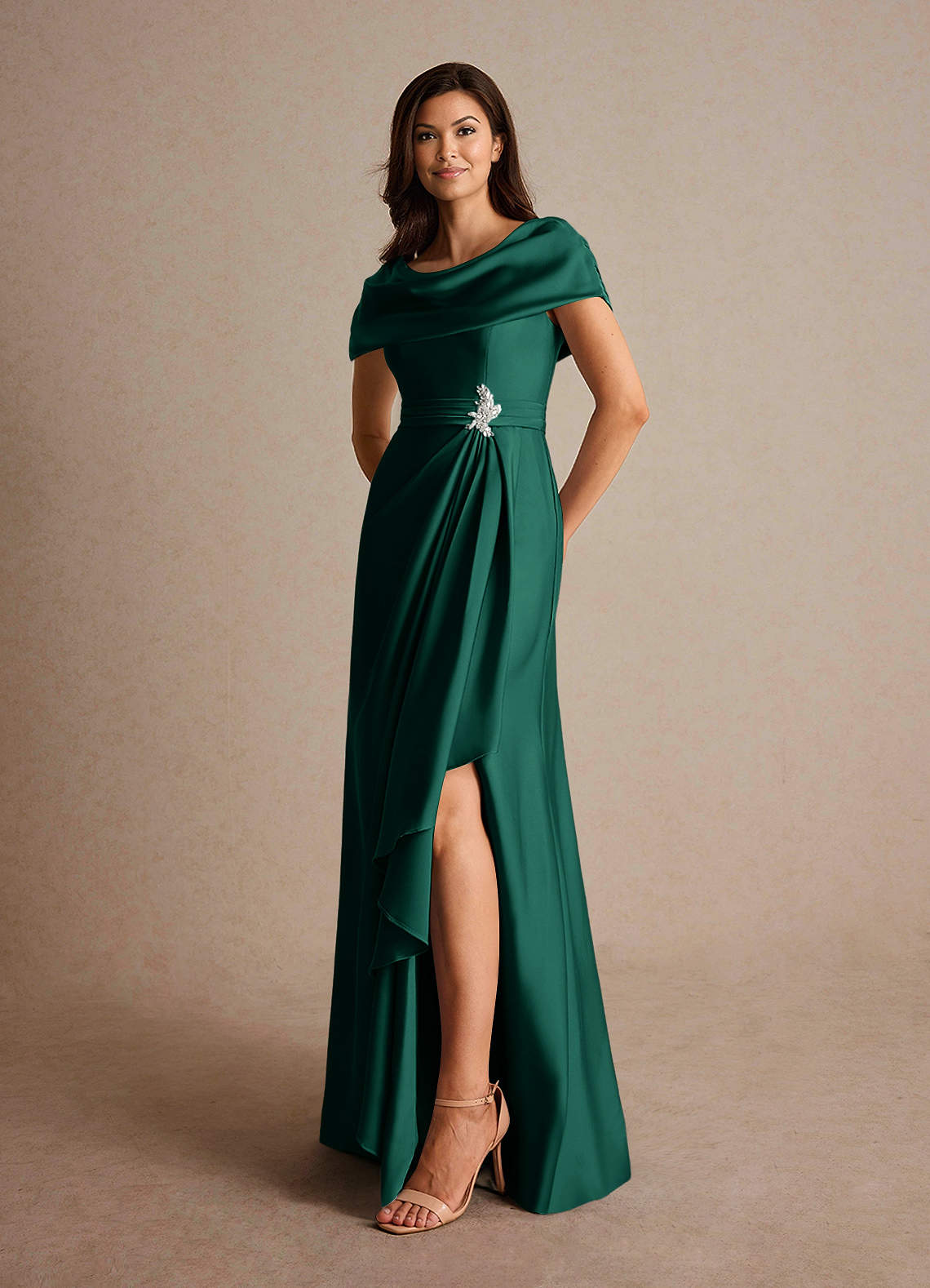 Azazie Branford Mother of the Bride Dresses Emerald A-Line Pleated Stretch Satin Dress image7