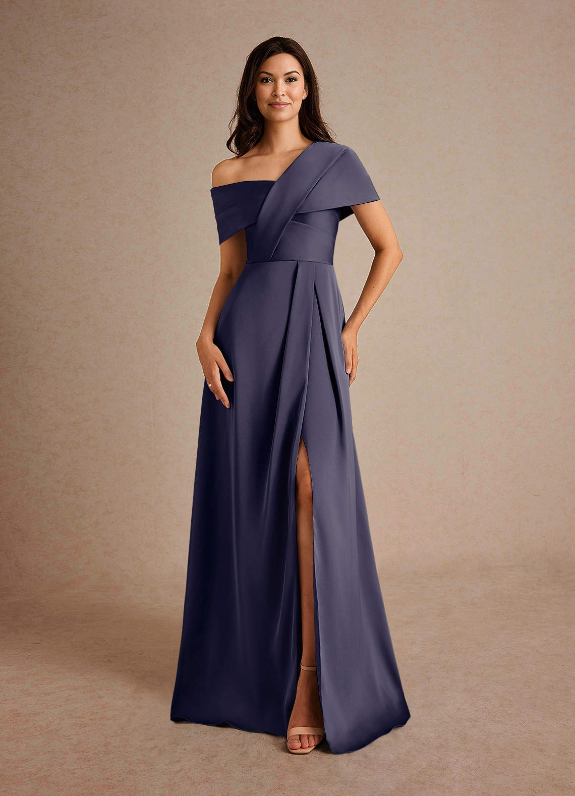 Azazie Milton Mère de la mariée Robes Robe Trapèze en Satin extensible Plissée Bleu Orageux image4