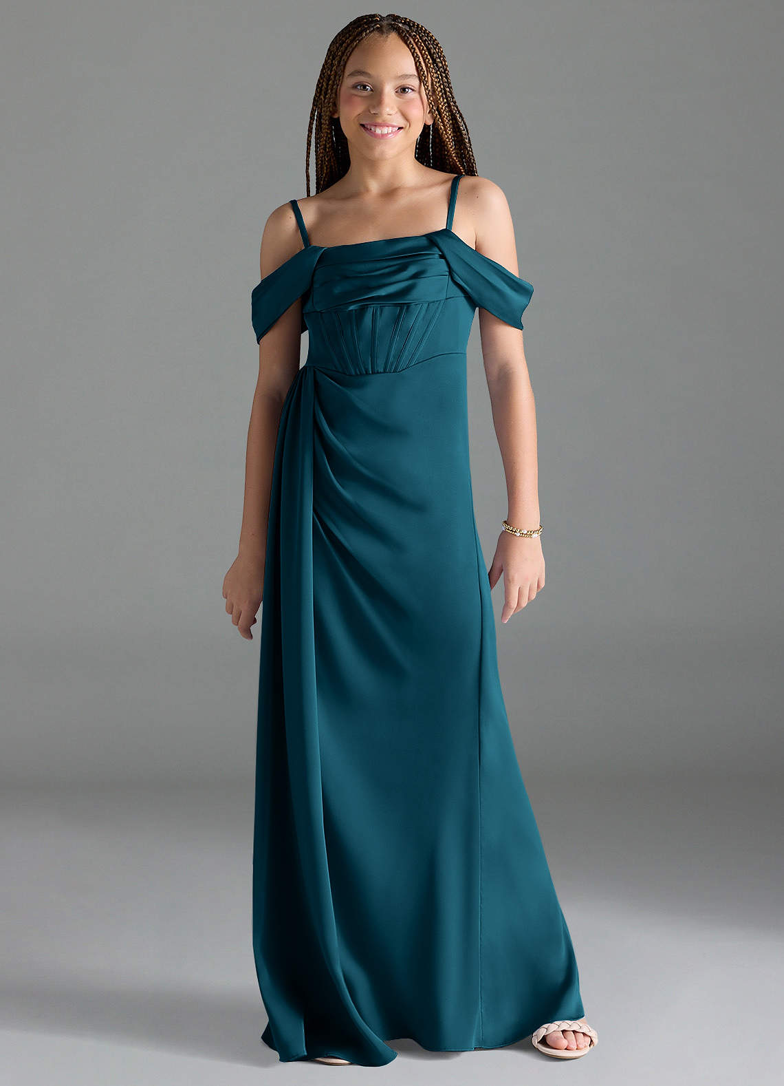 Azazie Amyra Junior Ink Blue Sheath Off the Shoulder Stretch Satin Dress image1