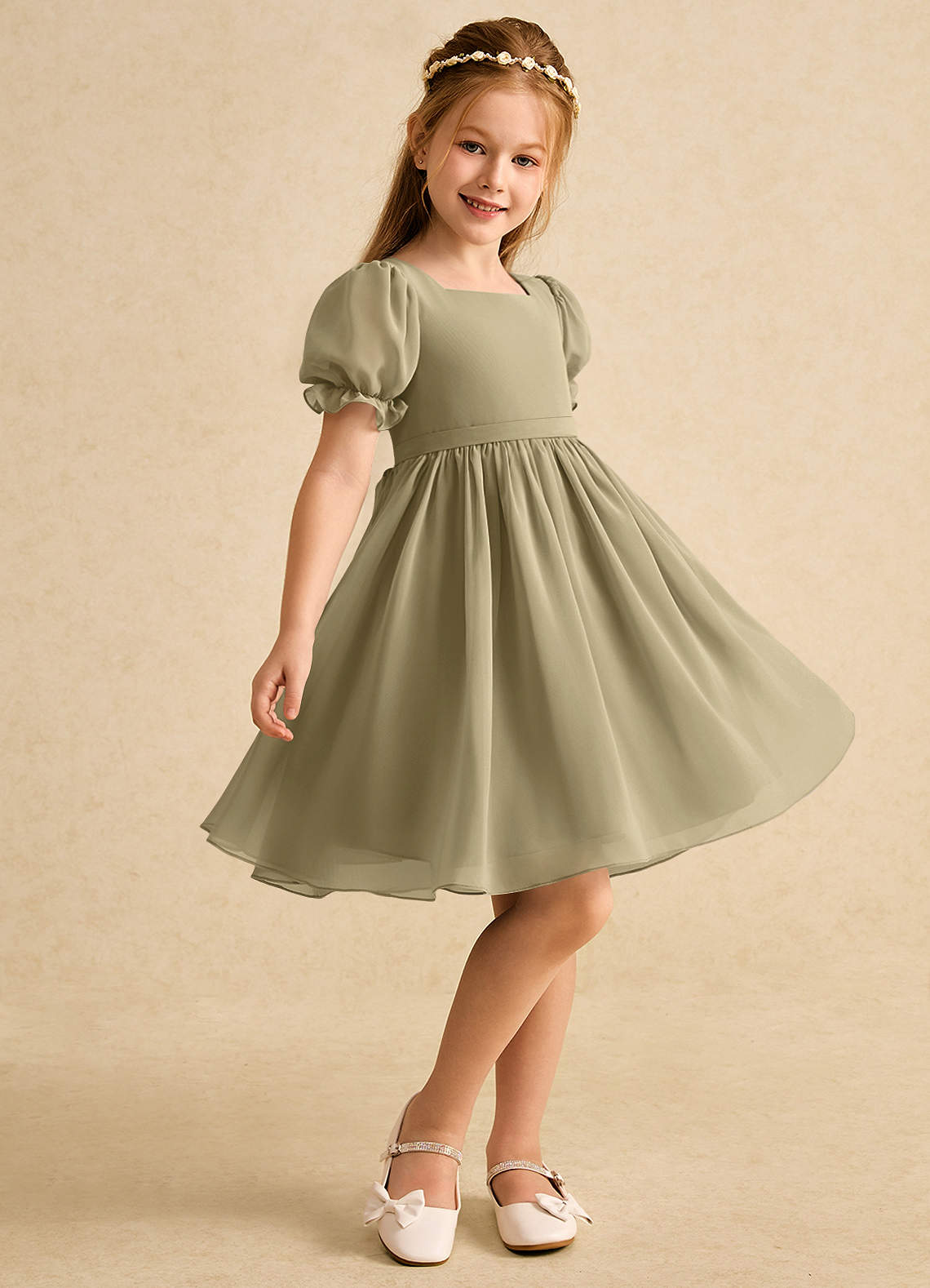 Azazie Jolie vestidos de niña de las flores Vestido de Musgo Verde de Gasa de Corte En A con Con mangas image1