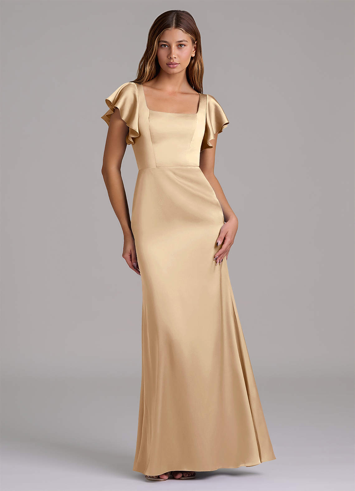 Azazie Elkie 신부 들러리 드레스 인어 스퀘어 네크라인 스트레치 새틴 바닥 길이 드레스 image1