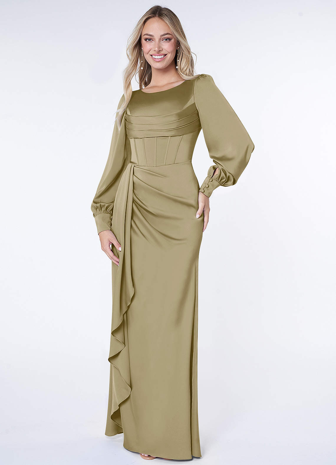 Azazie Raye Bridesmaid Dresses Moss Green Mermaid Long Sleeve Stretch Satin Dress image1