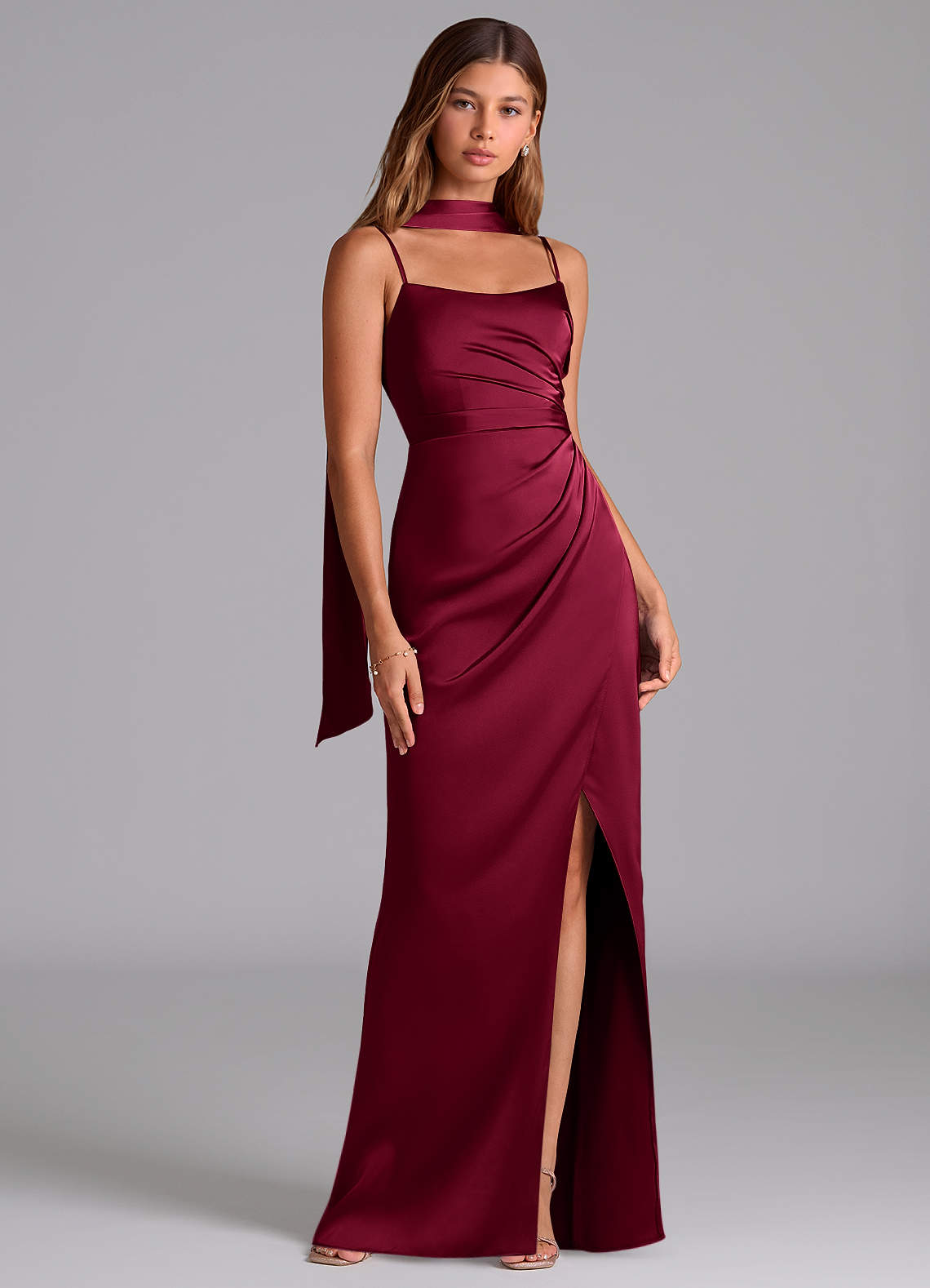 Azazie Calandra Brudtärnklänningar Klä av A-Linje i Stretch Satin Plisserad Bourgogne image1