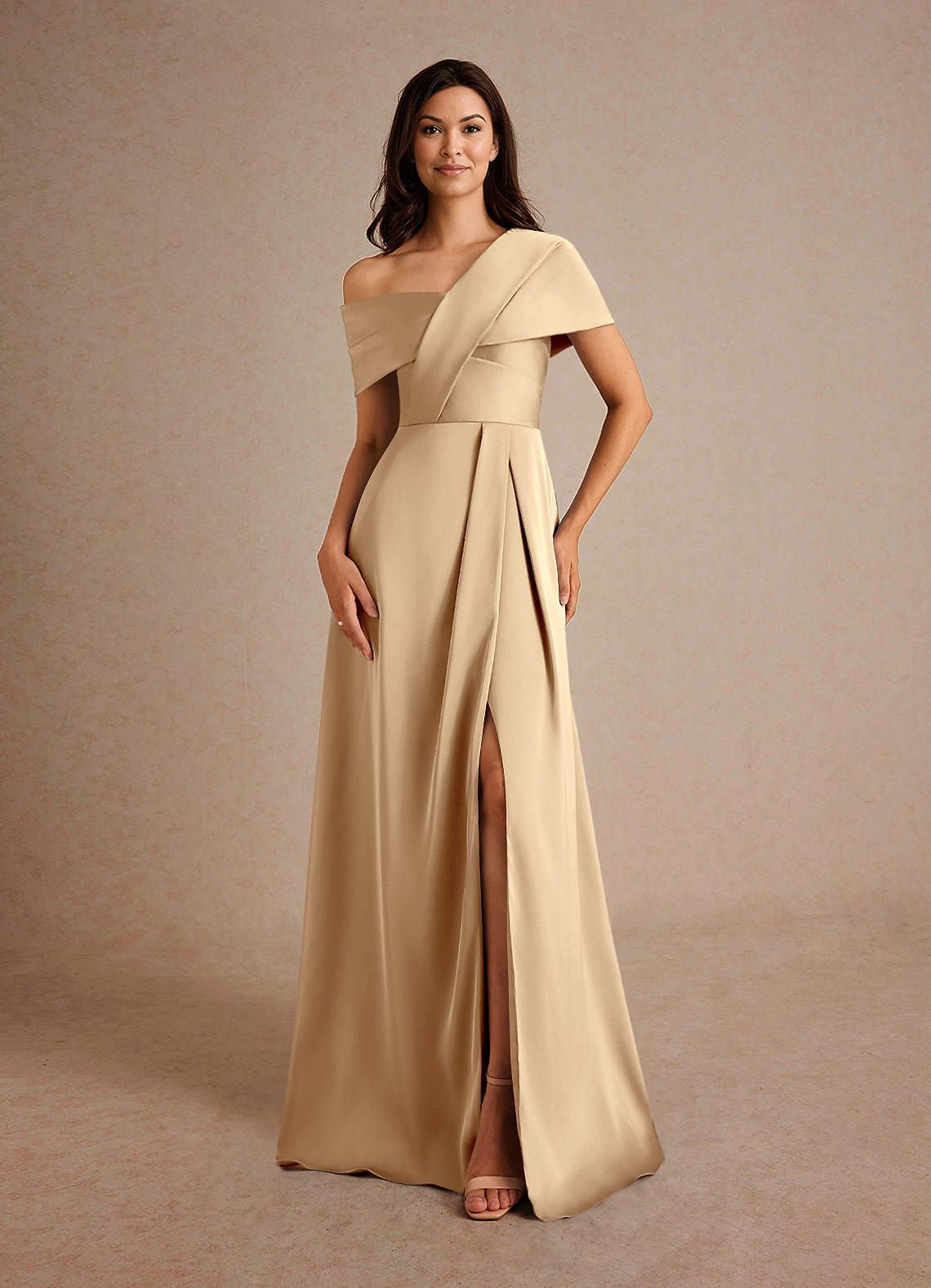 Azazie Milton Mother of the Bride Dresses Champagne A-Line Pleated Stretch Satin Dress image4