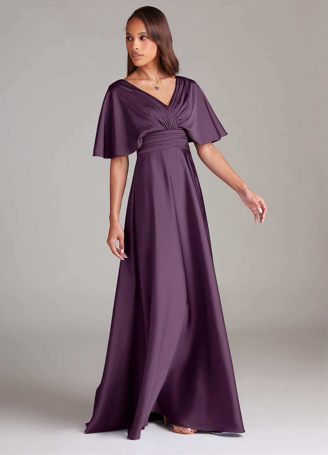 Azazie Pamela Bridesmaid Dresses Plum A-Line Pleated Stretch Satin Dress image2