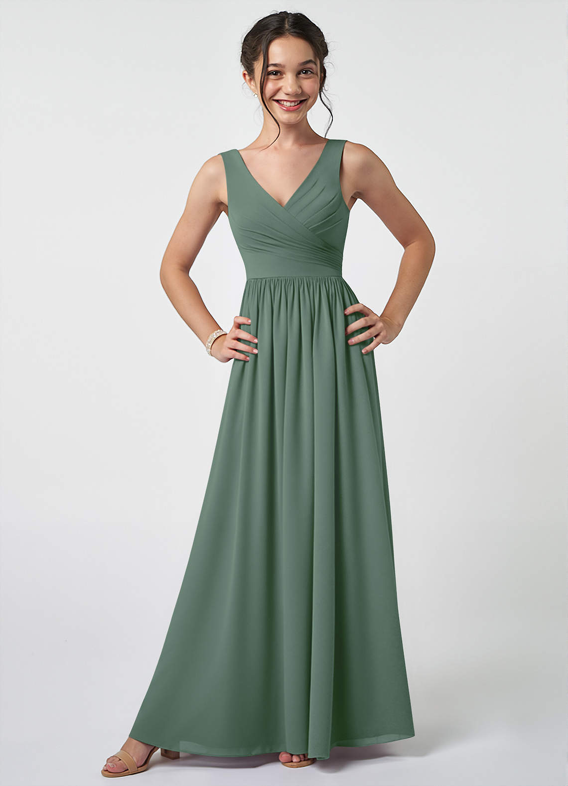 Azazie Keyla Junior Eucalyptus A-Line Pleated Chiffon Dress image1