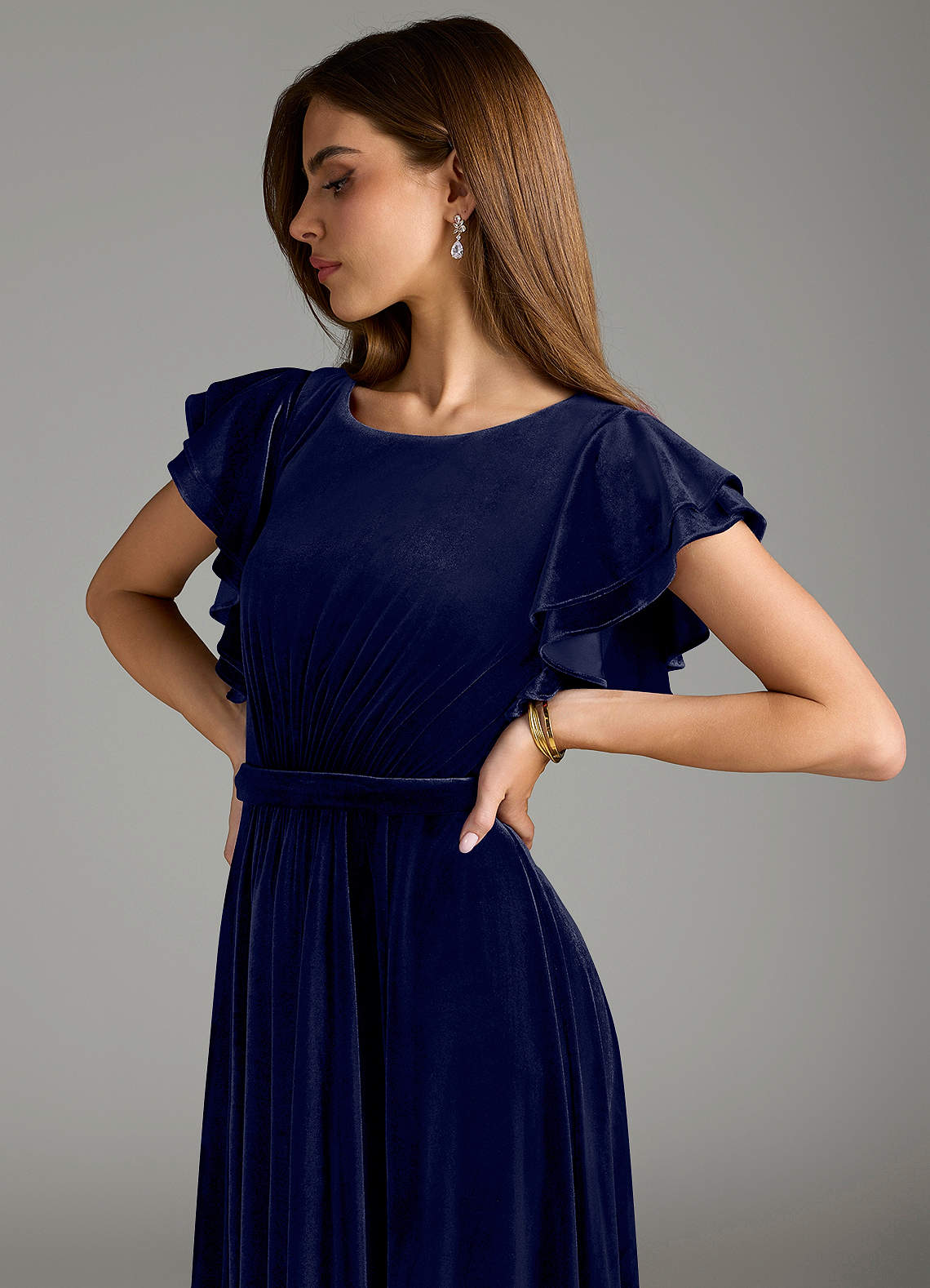 Azazie Daphne Modest Bridesmaid Dresses A-Line Velvet Floor-Length Dress with Belt image1