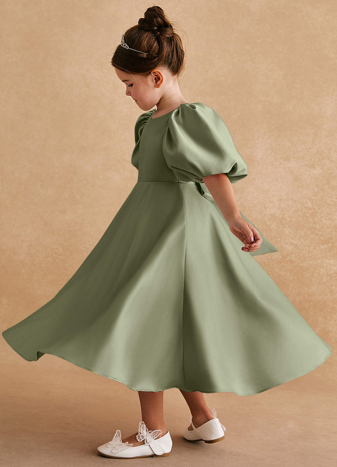 Azazie Sugarplum Flower Girl Dresses Pistachio A-Line with Sleeves Matte Satin Dress image1