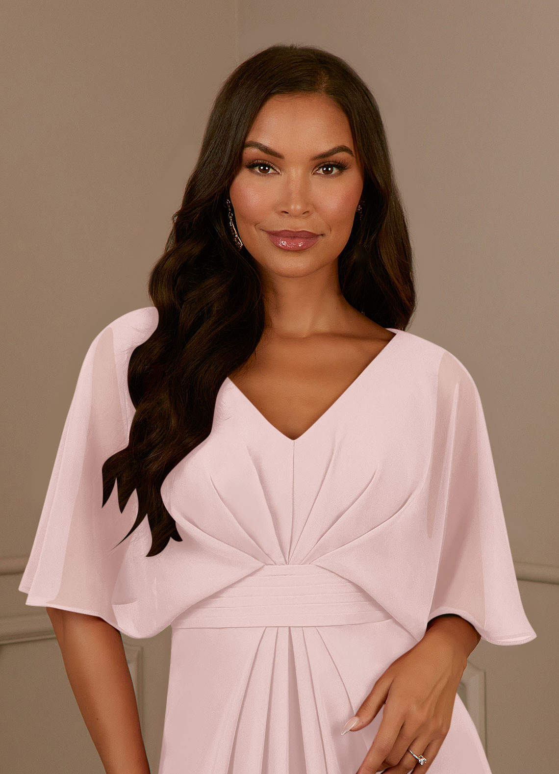 Azazie Oksana Blushing Pink A-Line V-Neck Pleated Chiffon Dress