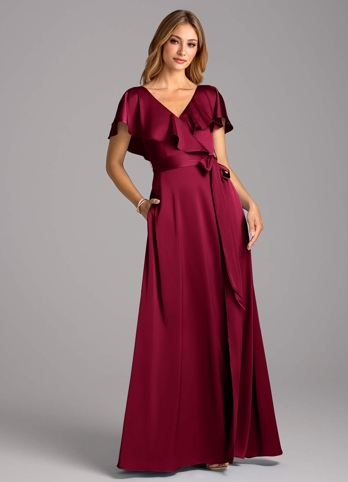 Azazie Lainey Bridesmaid Dresses Burgundy A-Line with Pockets Stretch Satin Dress image1