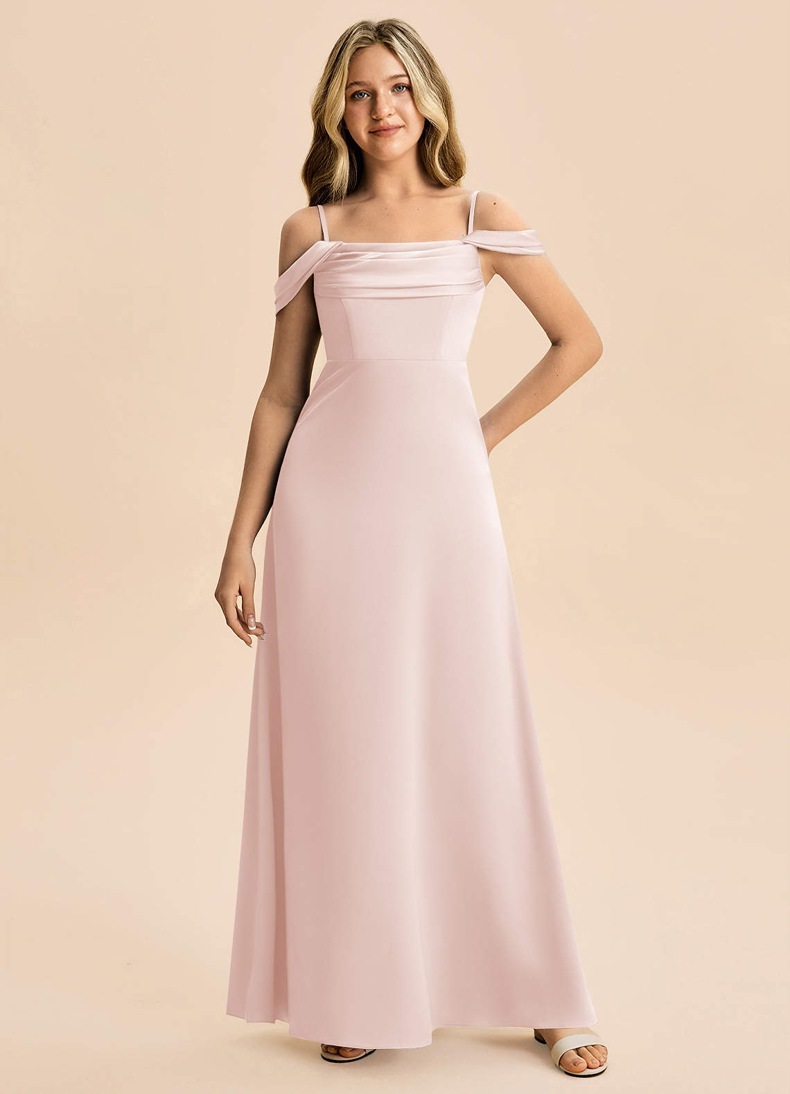 Azazie Lettie Junior Blushing Pink A-Line Off the Shoulder Stretch Satin Dress image3