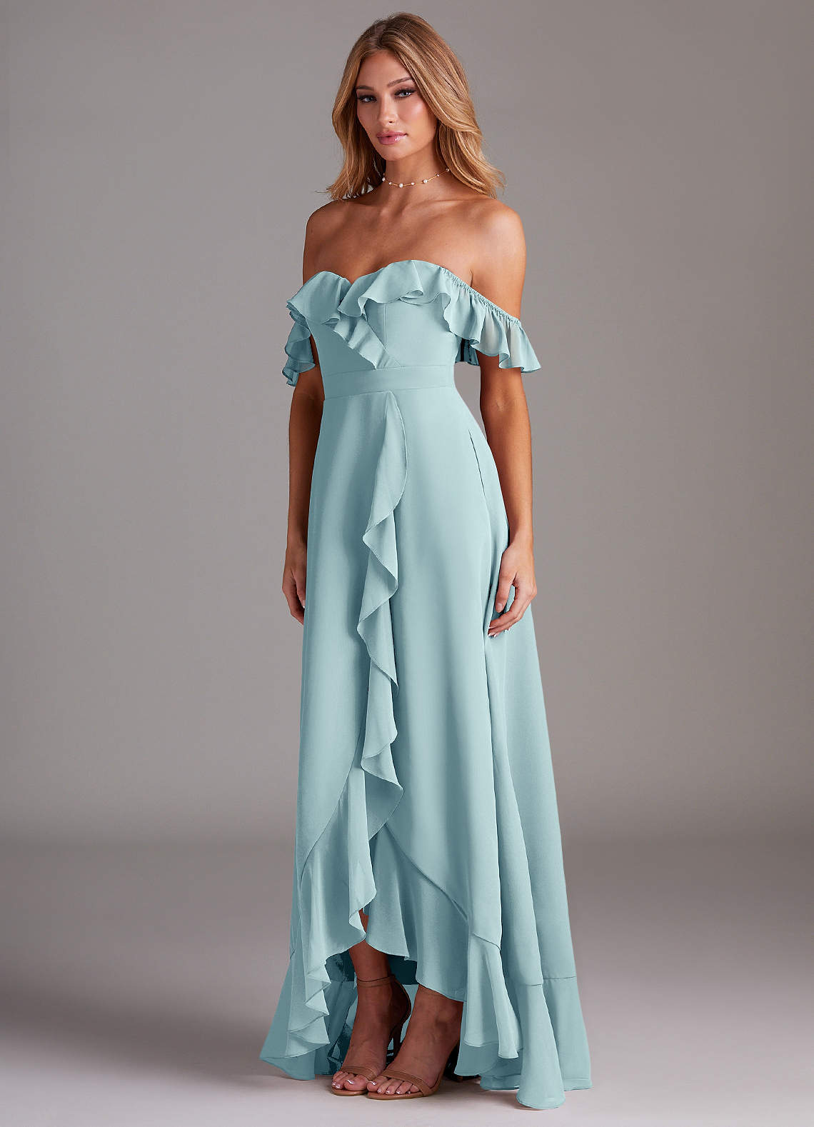 teal convertible bridesmaid dress Azazie Lyra Sea Glass Chiffon Bridesmaid Dresses