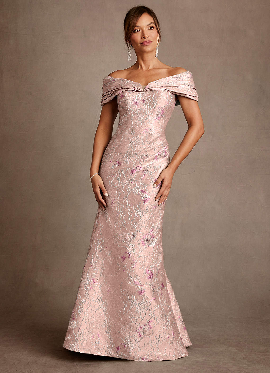 Azazie Adrian Coral Jacquard Sheath Off the Shoulder Floral