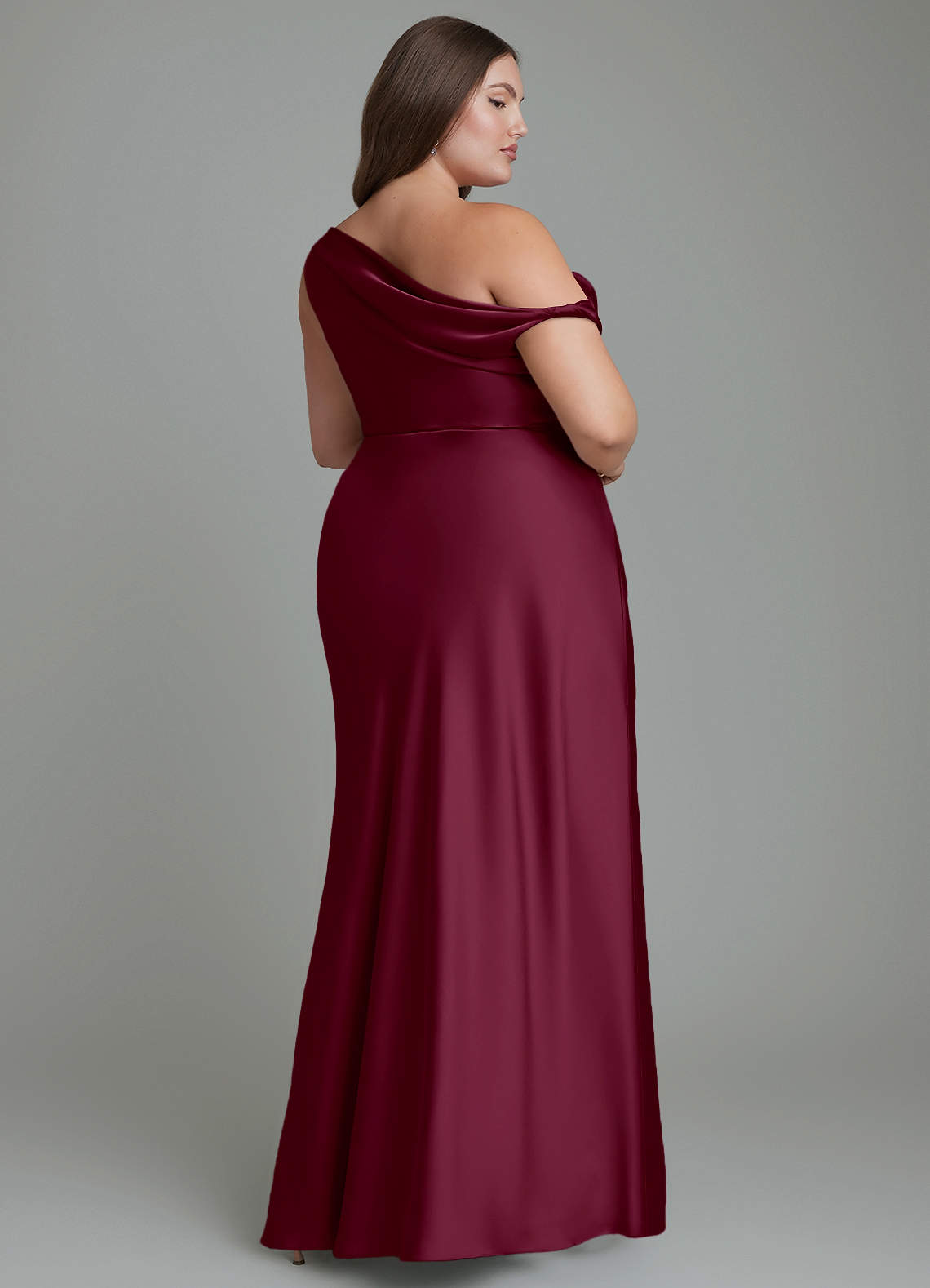 Azazie Emerson Bridesmaid Dresses Mulberry Mermaid Off the Shoulder Stretch Satin Dress image8