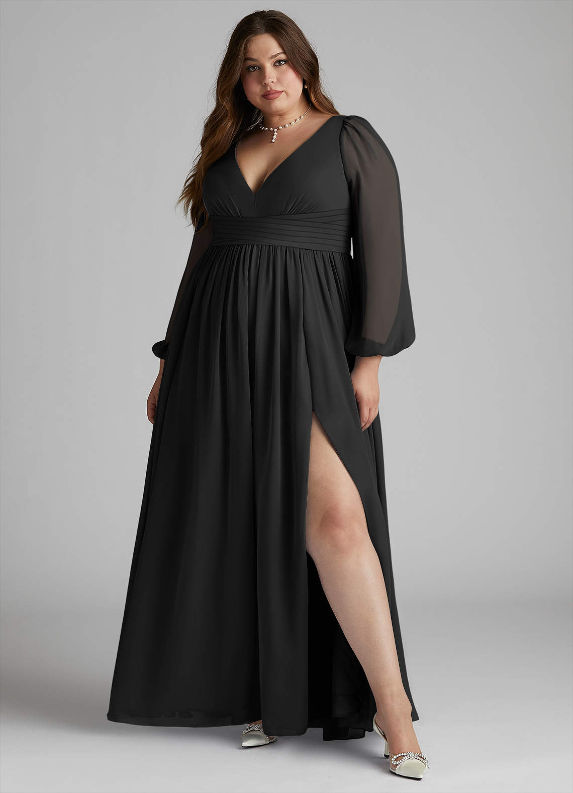 Azazie Norah Bridesmaid Dresses Black A-Line V-Neck Long Sleeve Chiffon Dress image5