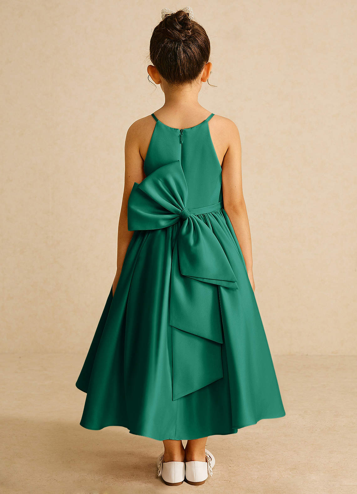Azazie Sunray Flower Girl Dresses Emerald A-Line Spaghetti Strap Matte Satin Dress image1