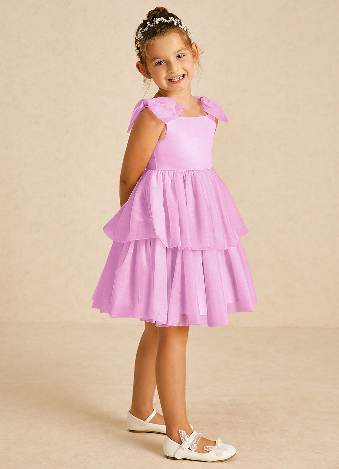 Azazie Vanellope Flower Girl Dresses Candy Pink A-Line Bow Tulle Dress image1