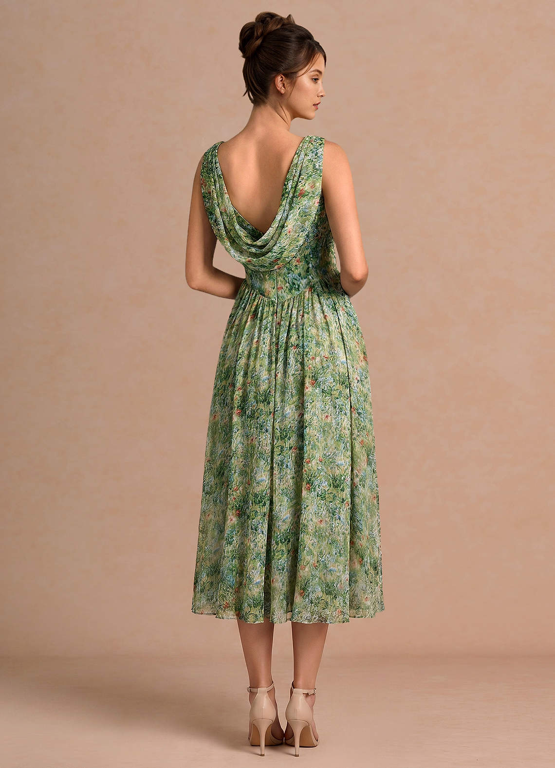 floral formal midi dress Azazie Dresses A-Line Semi-Formal Dresses Cowl Green Drisella