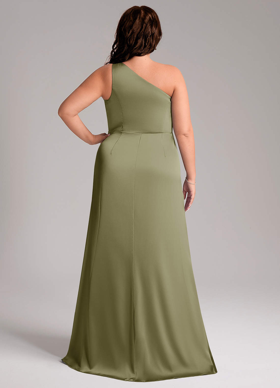Azazie Phaedra Vestidos de damas de honor Vestido de Pistacho de Satén Elástico de Corte en A con Hombro unilateral image8