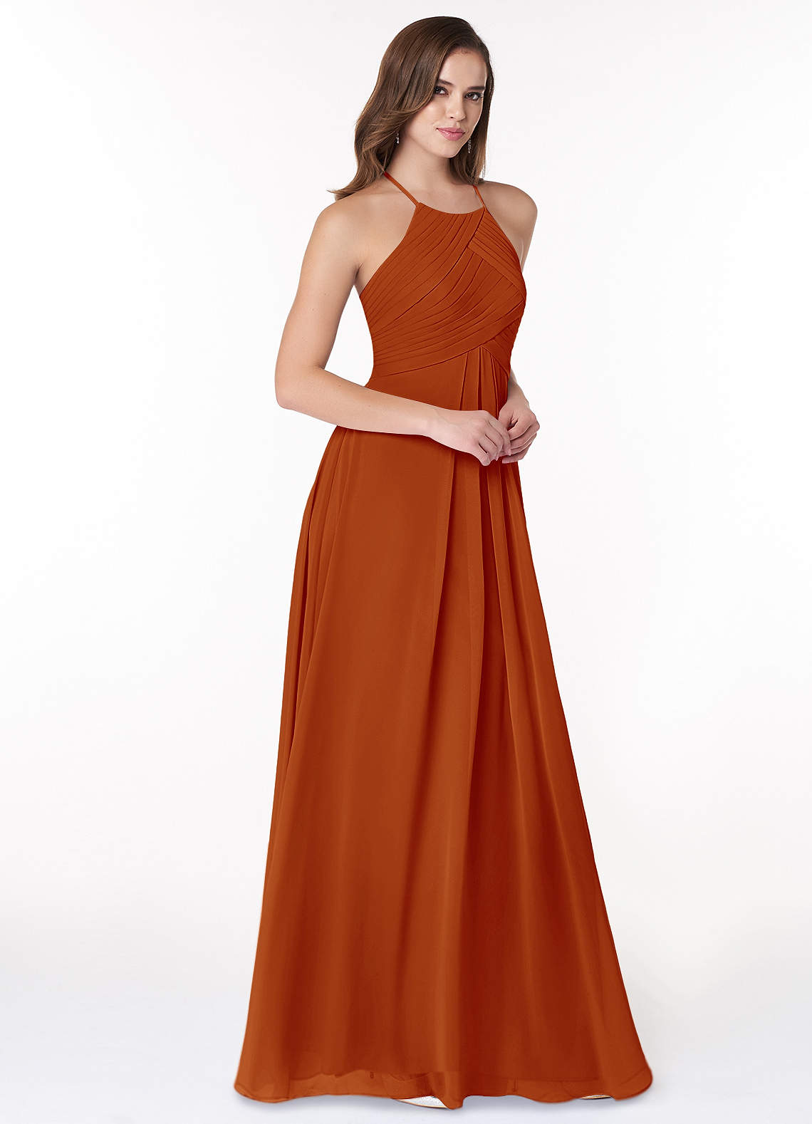 Azazie Ginger Vestidos de damas de honor Vestido de Pimenton de Gasa de Corte en A con Halter Plisado image1